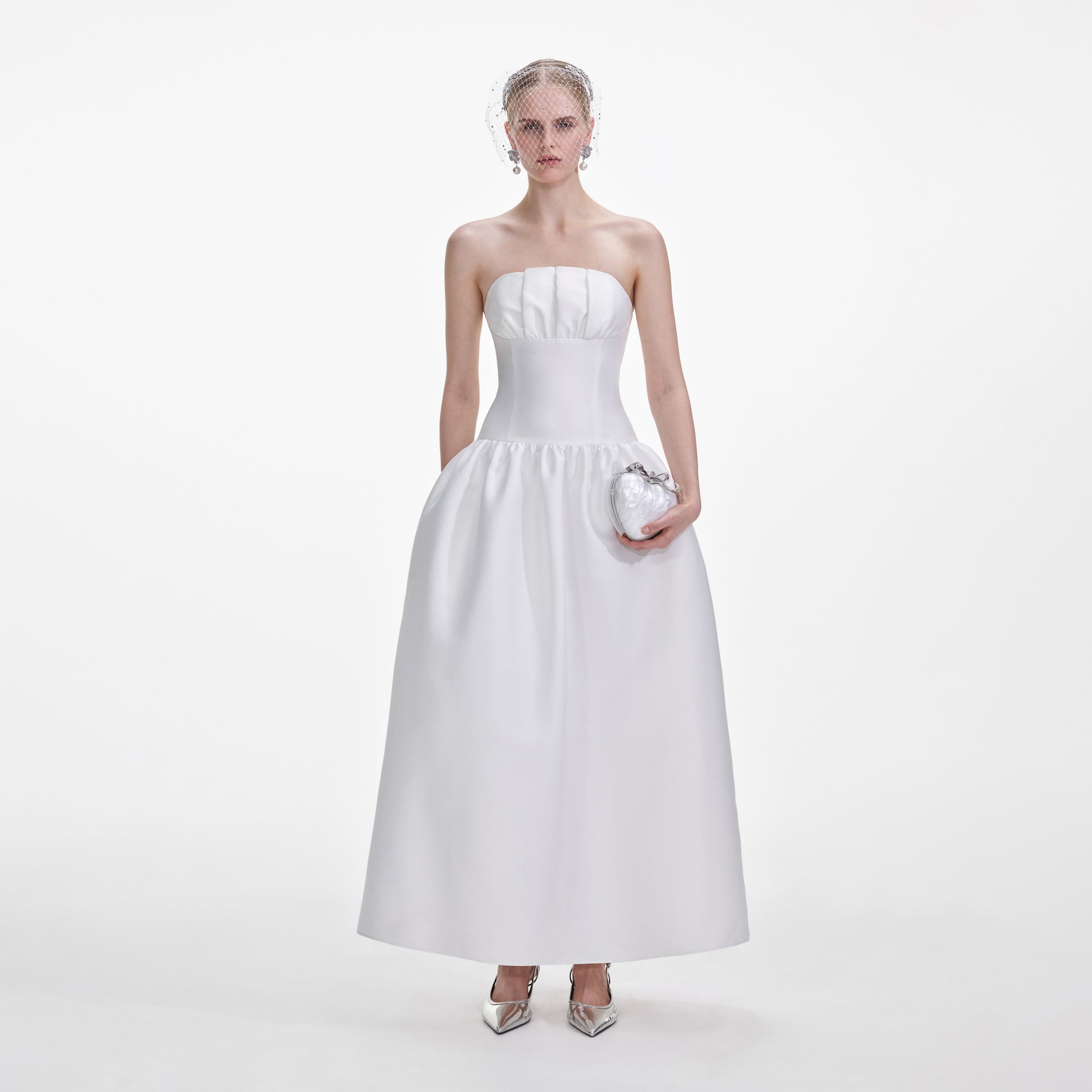 Front view of a woman wearing the White Taffeta Maxi Dress