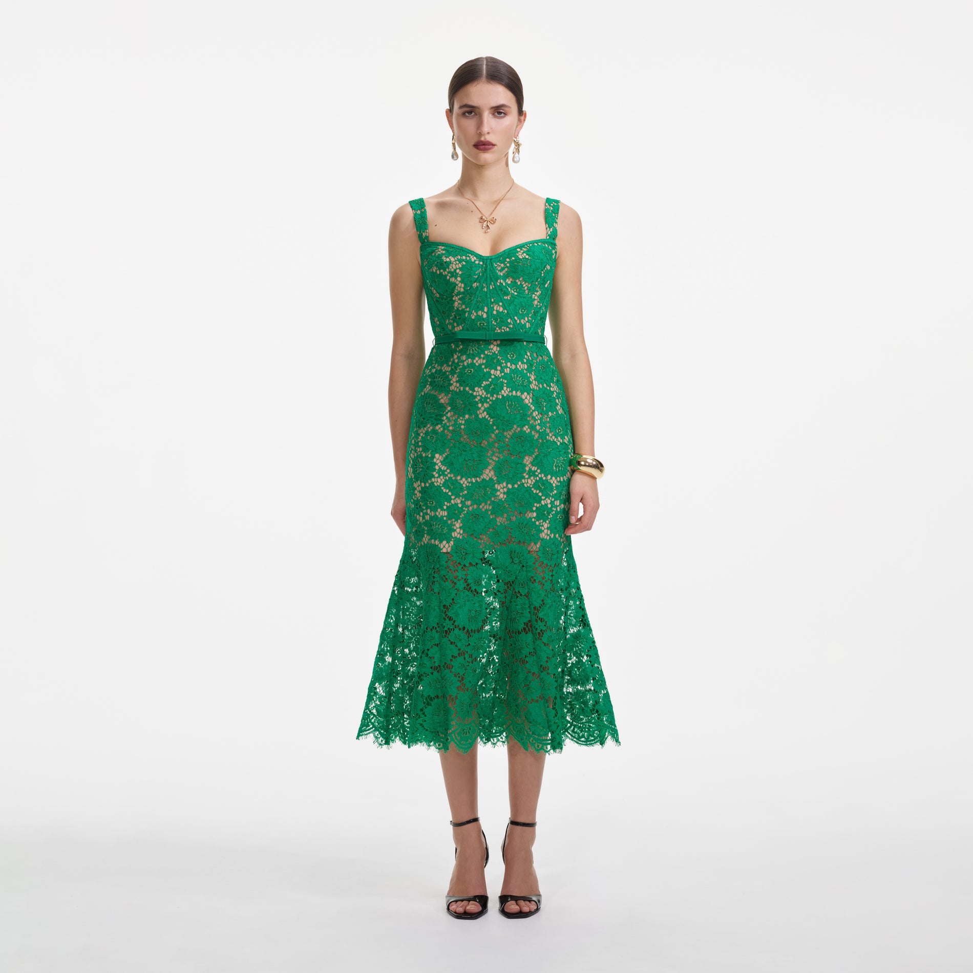 Front view of a woman wearing the Green Fine Lace Midi Dress
