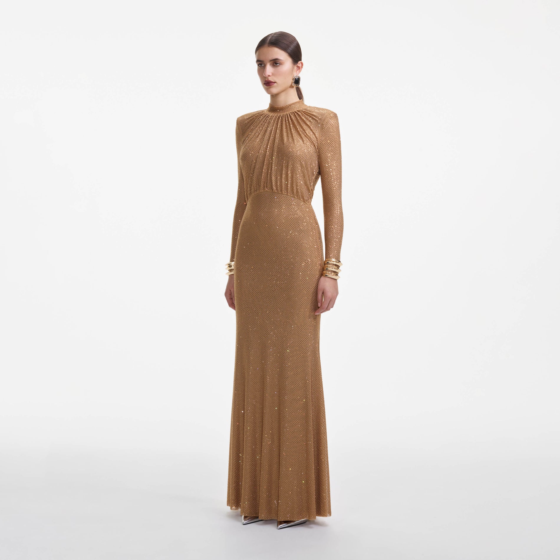 Side view of a woman wearing the Brown Rhinestone Gathered Maxi Dress
