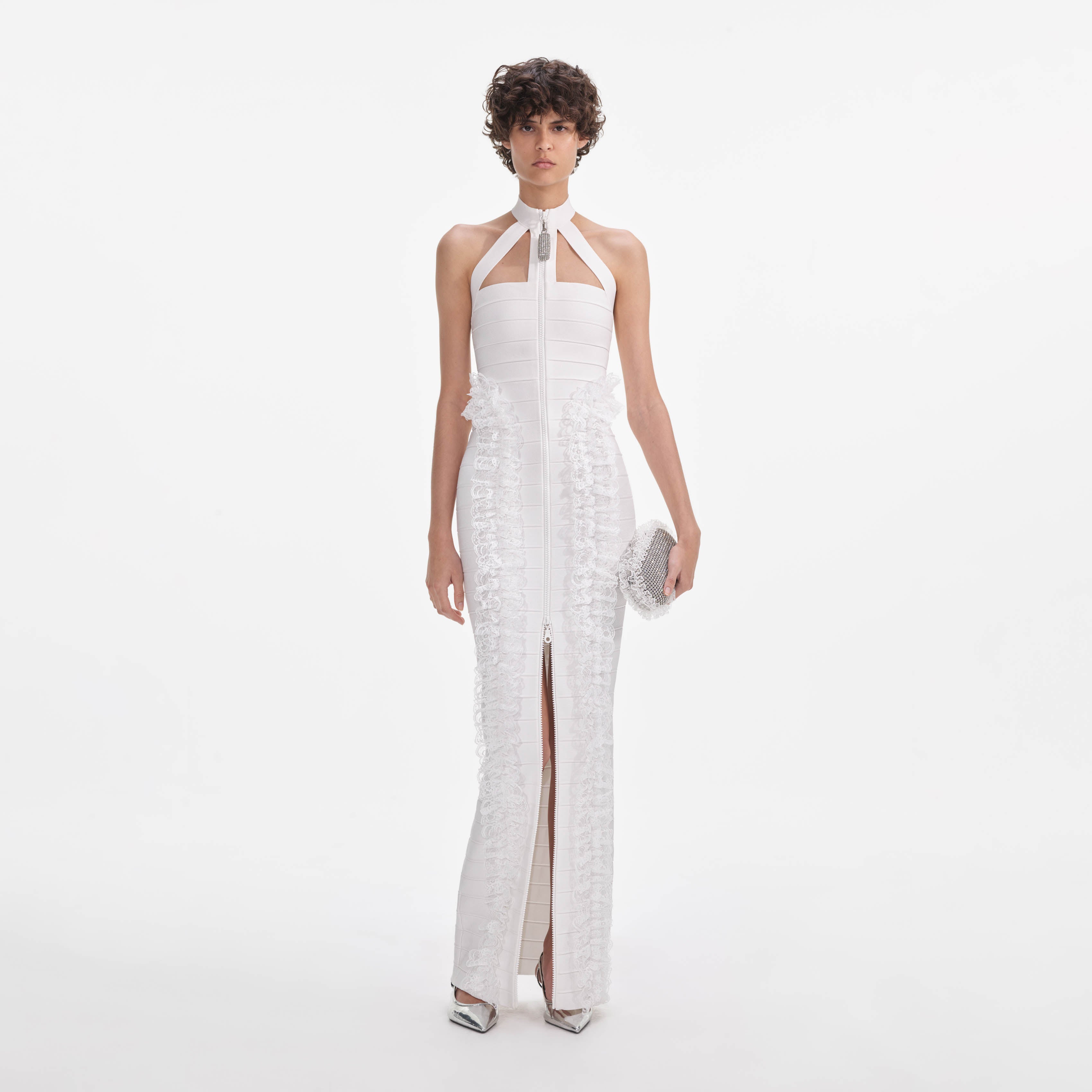 화이트 니트 지퍼 러플 맥시 드레스