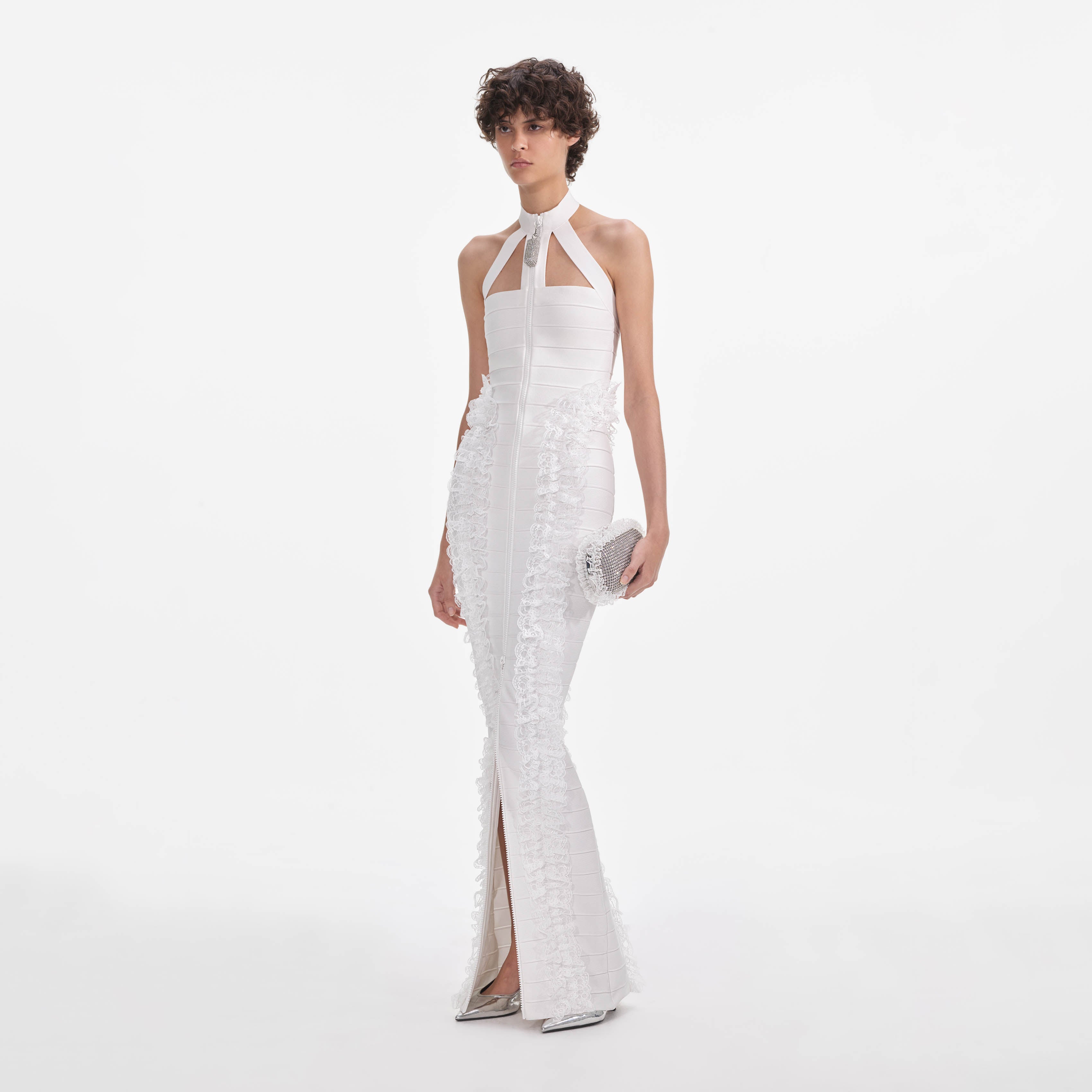 화이트 니트 지퍼 러플 맥시 드레스