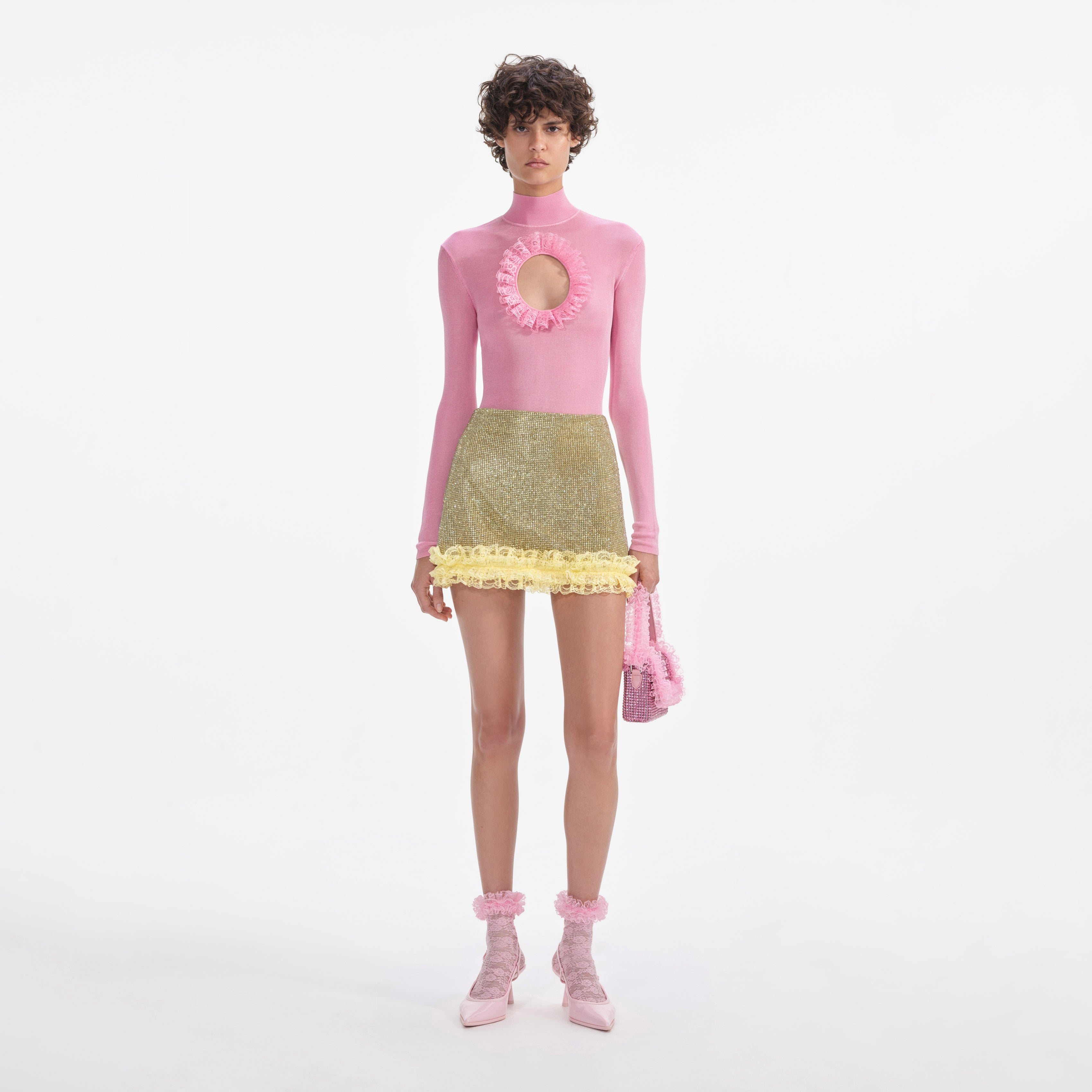 핑크 니트 컷아웃 바디수트