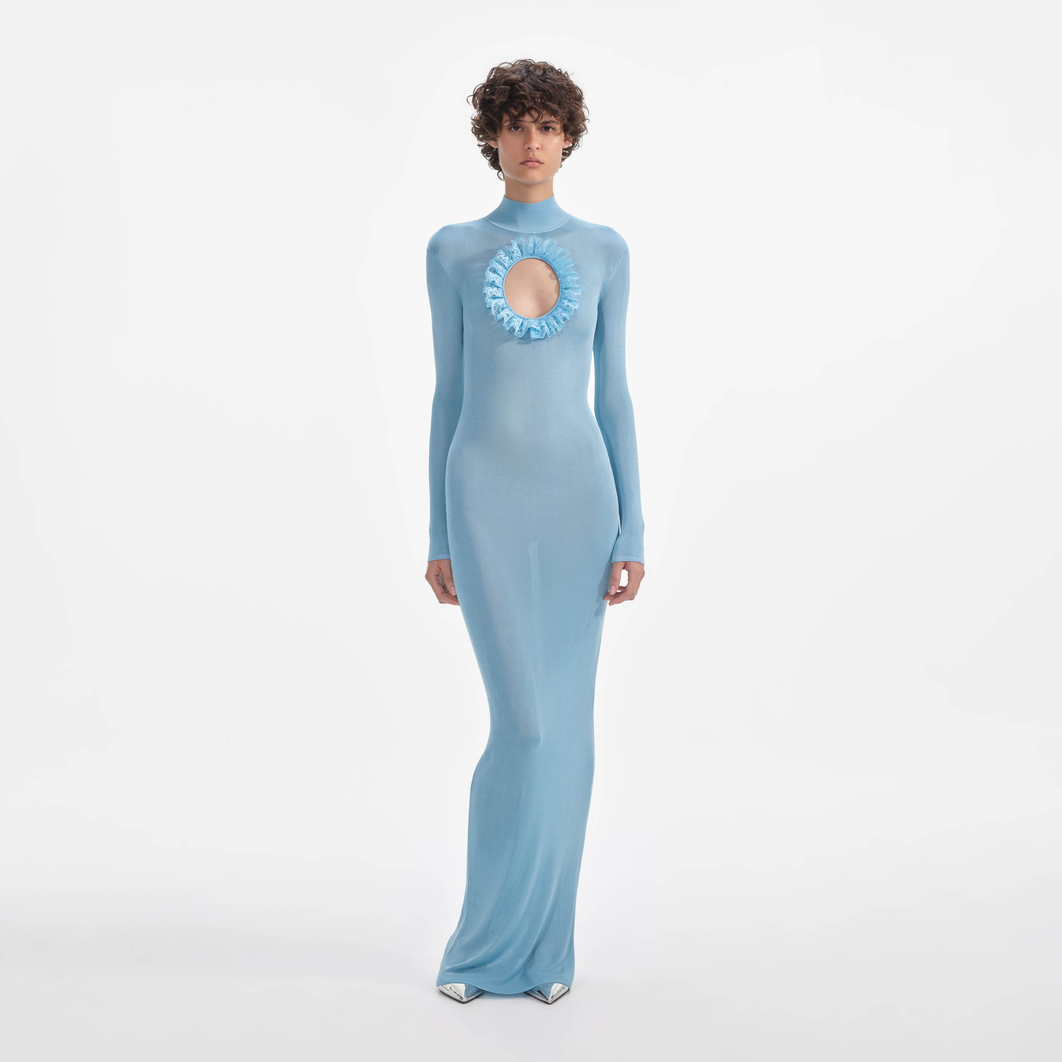 블루 니트 컷아웃 맥시 드레스