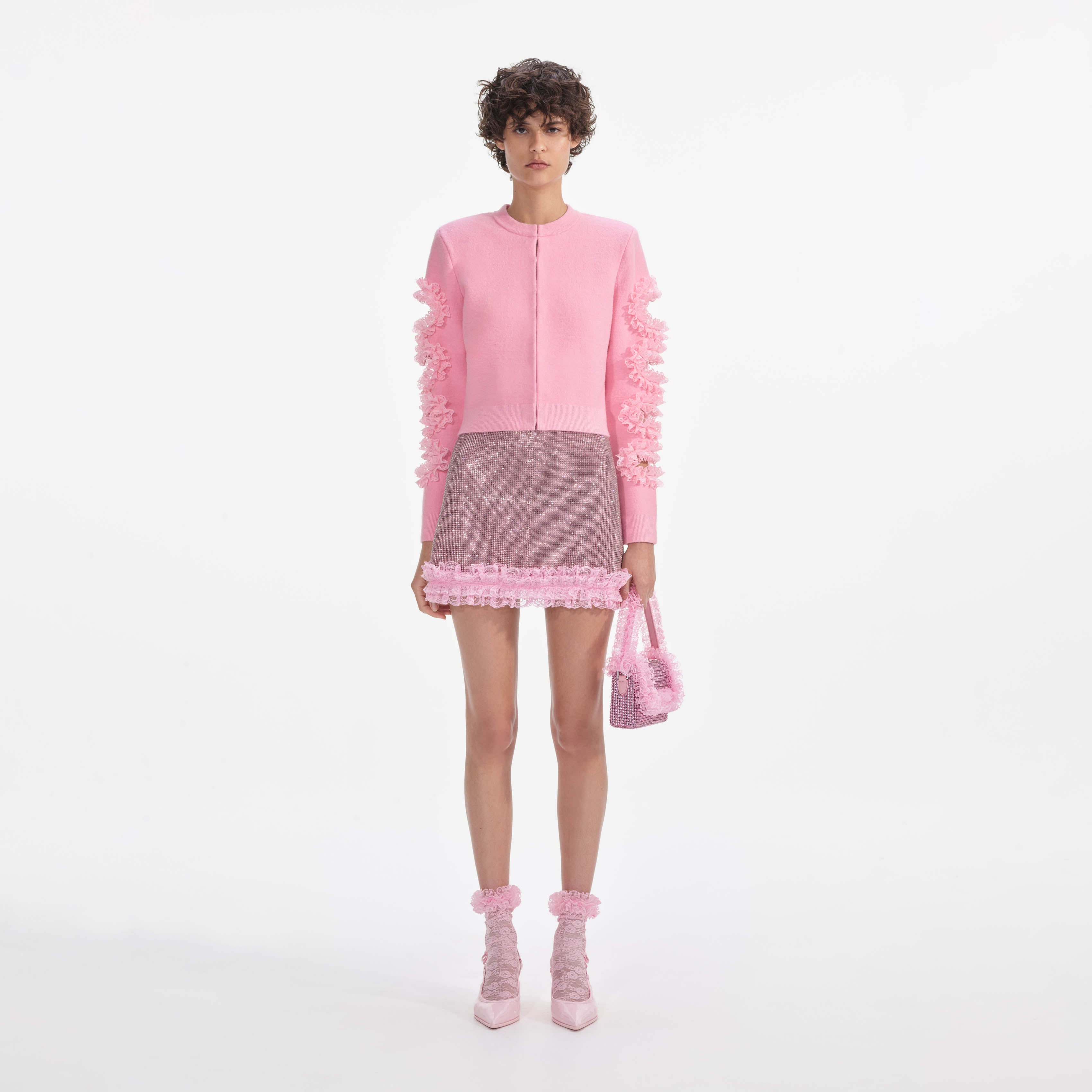 핑크 크리스탈 체인메일 미니 스커트