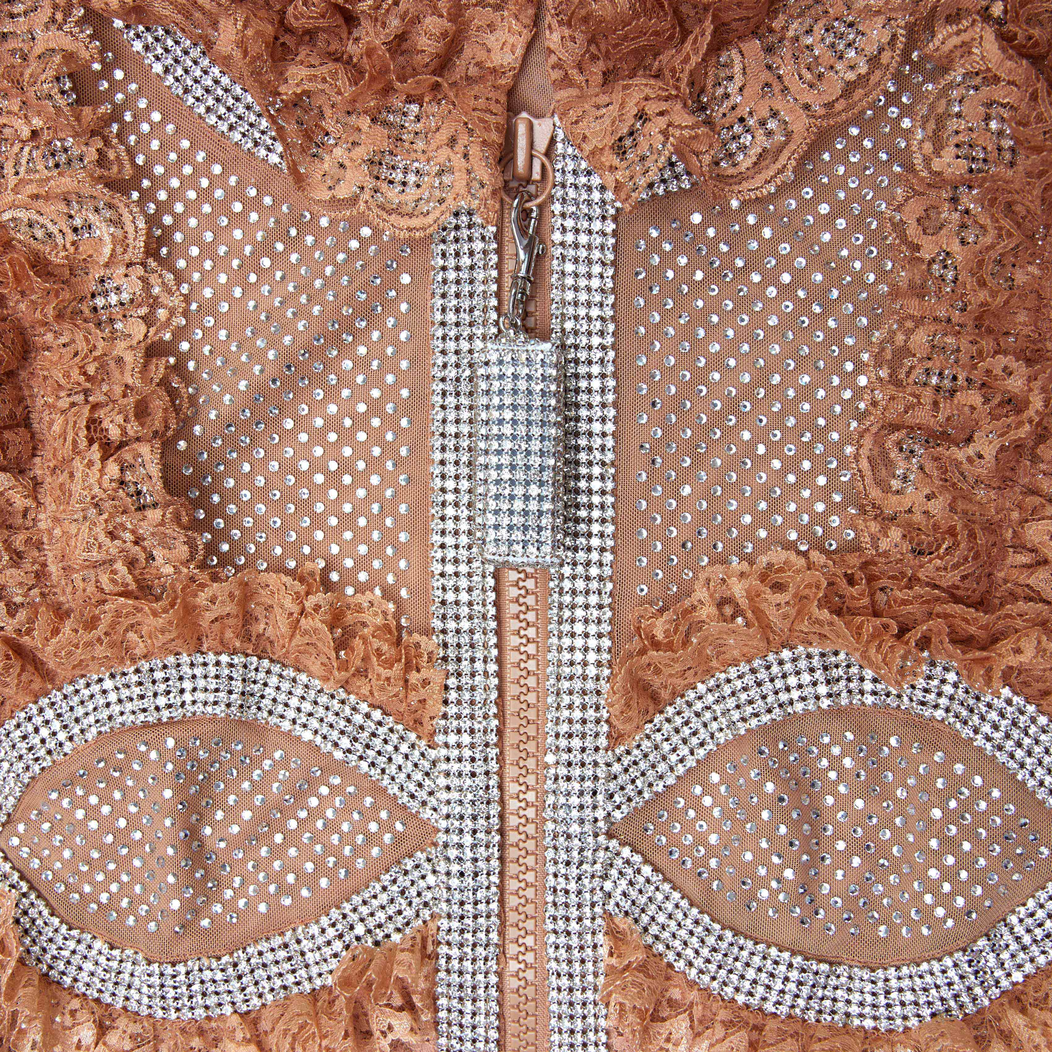 탄 라인스톤 메시 러플 미니 드레스