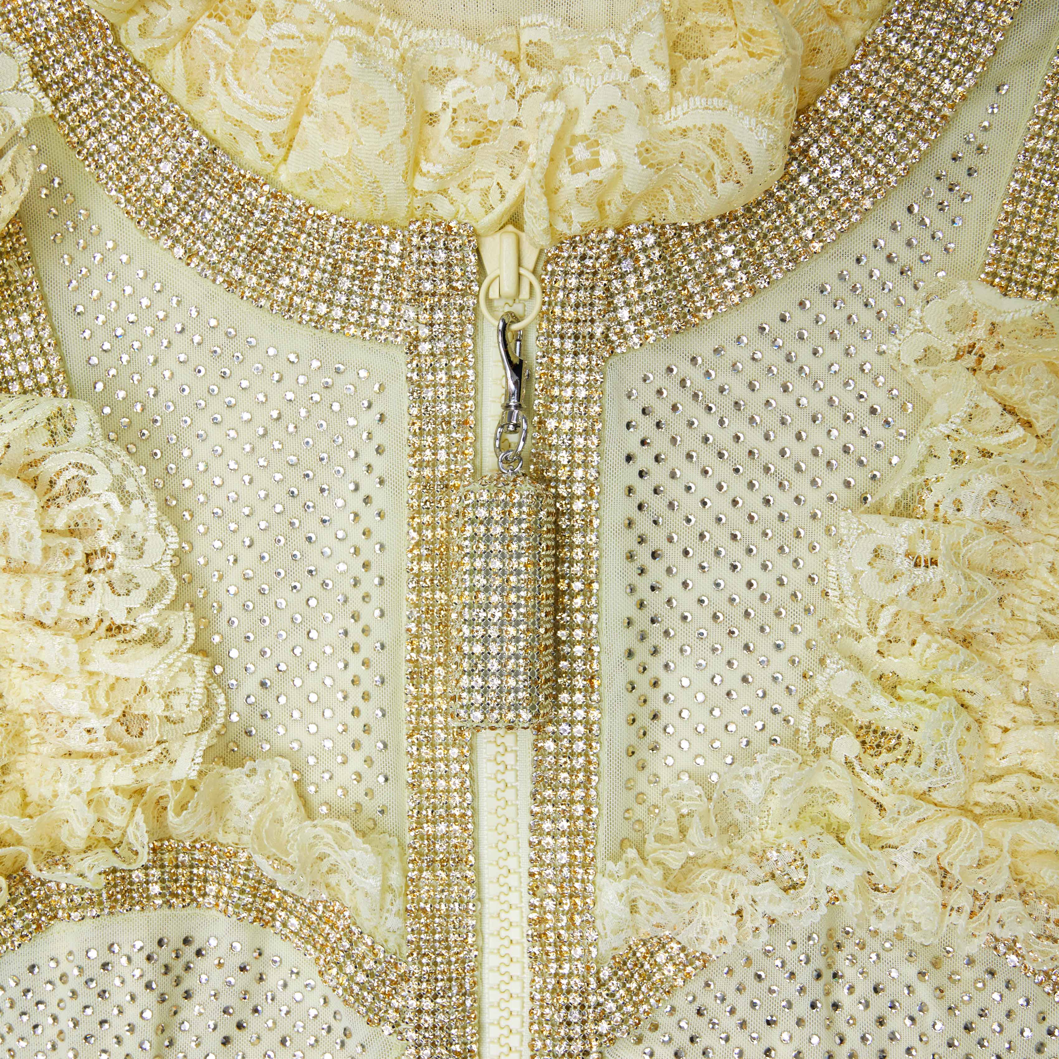 옐로우 라인스톤 메시 러플 미니 드레스