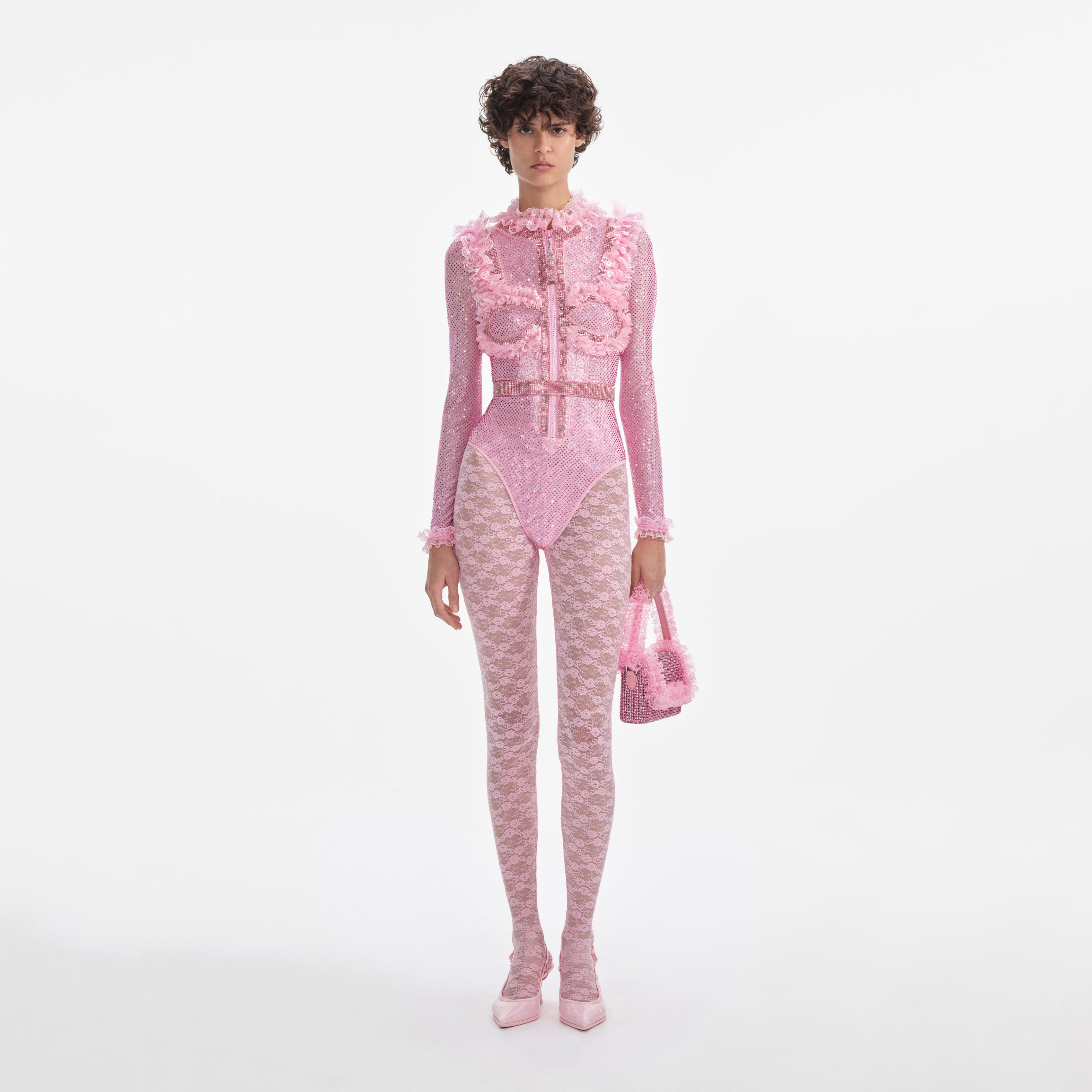 핑크 라인스톤 메시 러플 바디수트