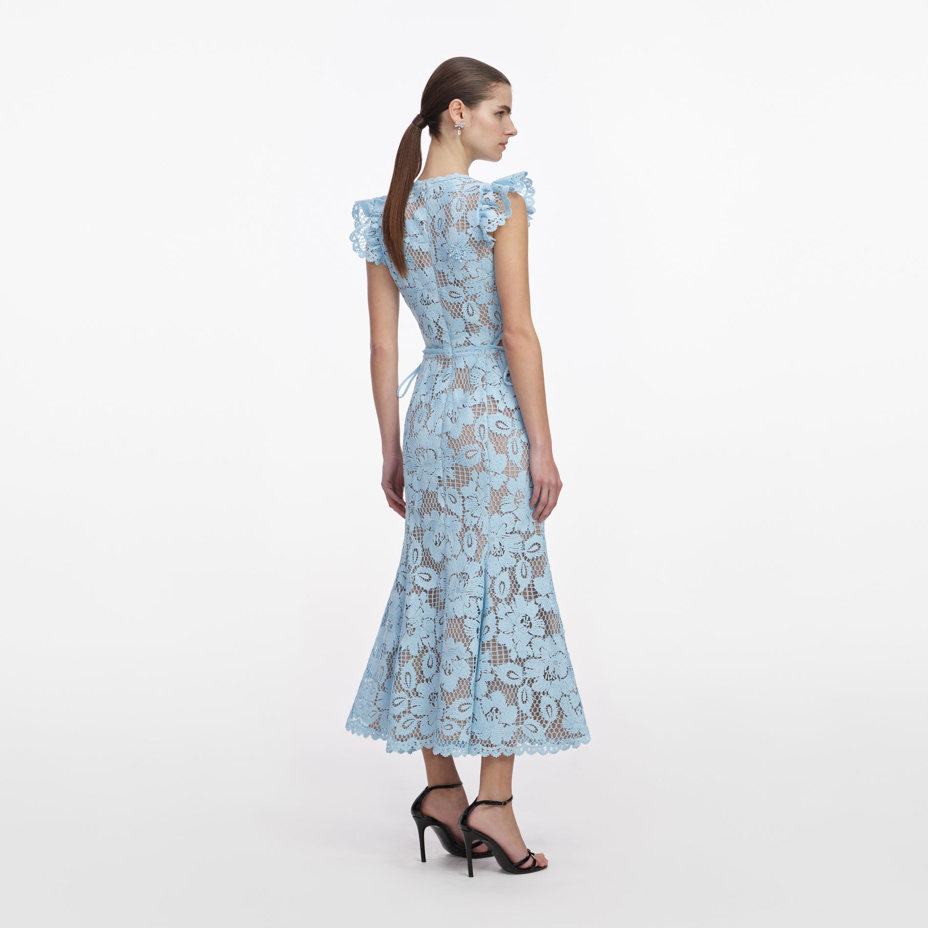 Back view of a woman wearing the Blue Crochet Lace Midi Dress