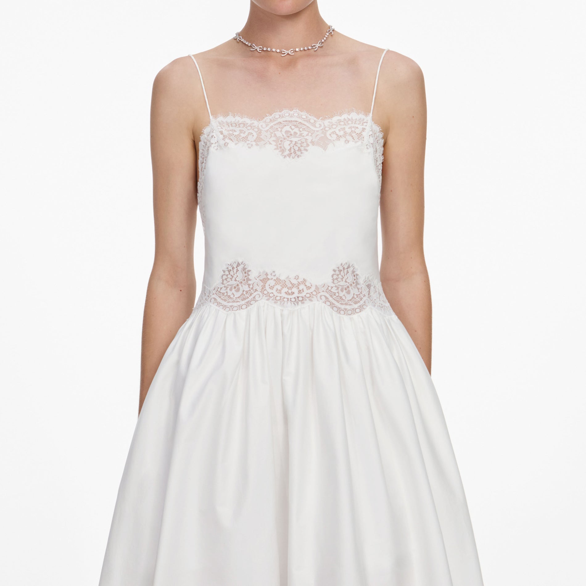 White Cotton Lace Trim Midi Dress