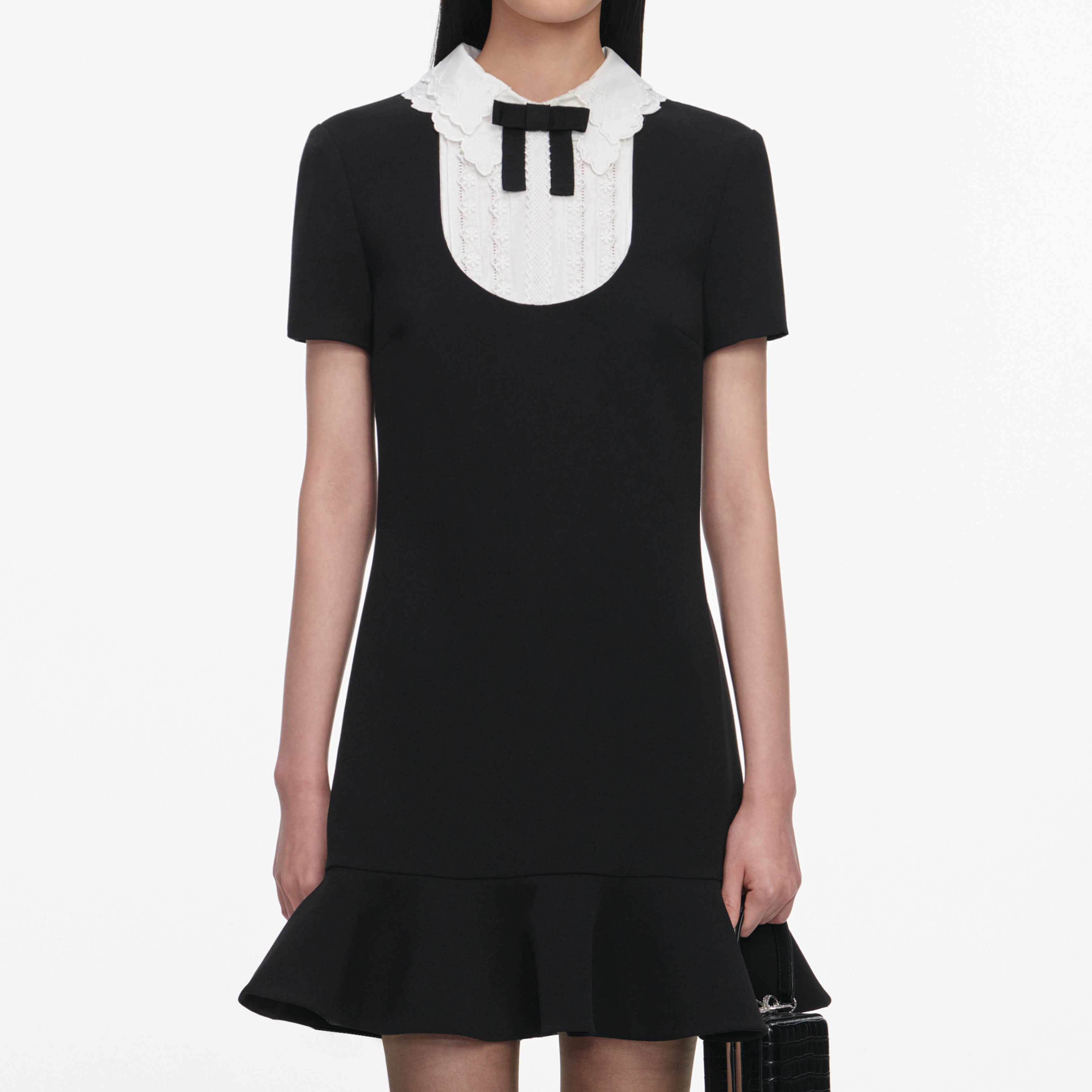 Black Crepe Lace Bib Mini Dress