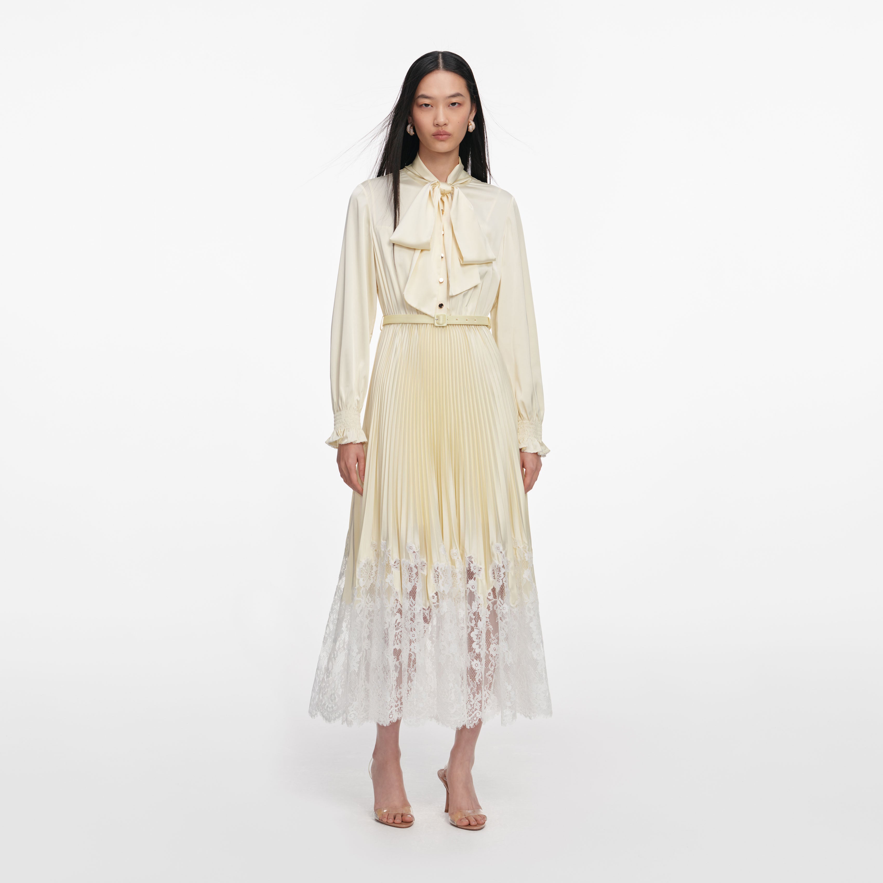 yellow midi satin dress Destiny | Yellow Satin Asymmetric-Neck Midi Dress With Feather Details