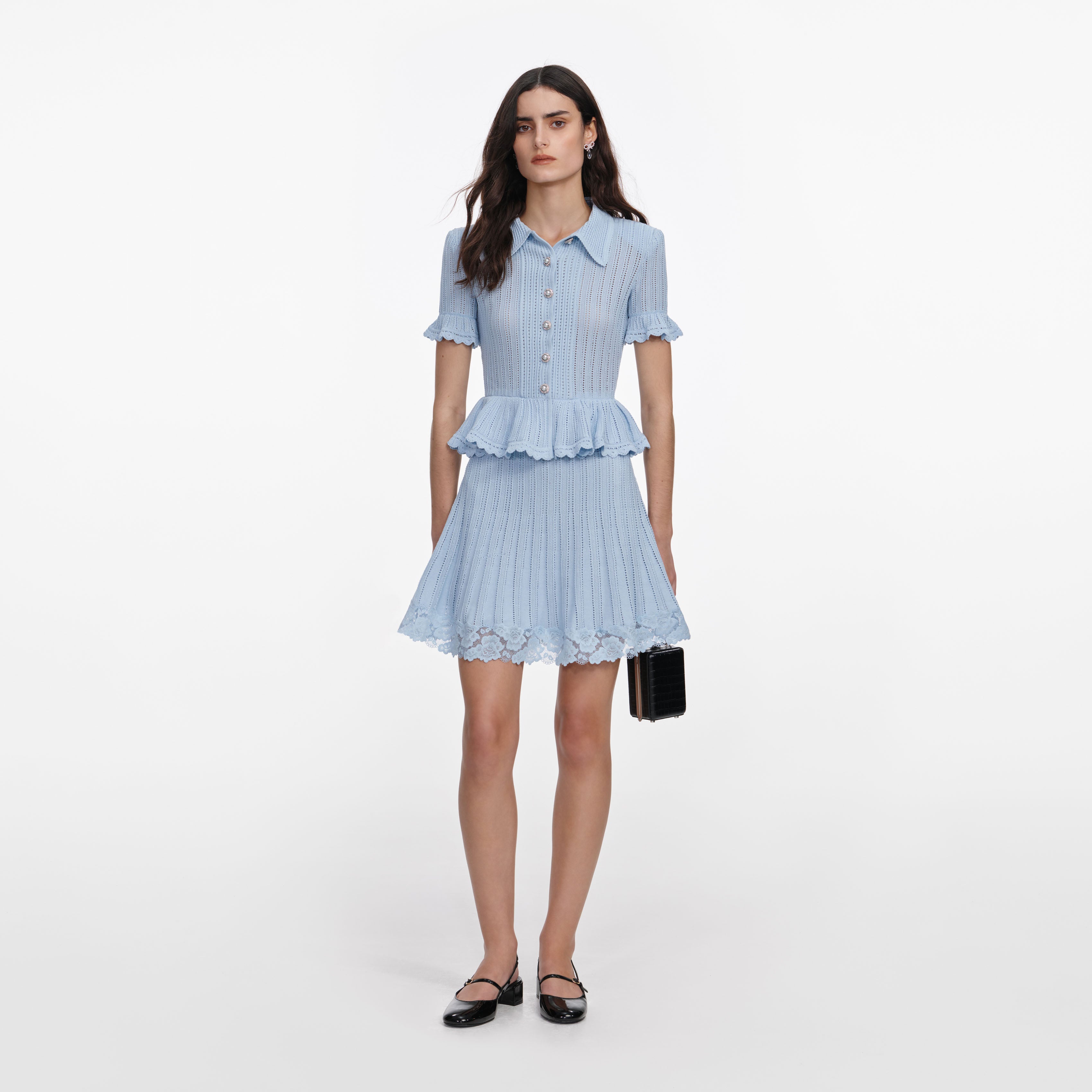 Blue Pointelle Peplum Knit Mini Dress – self-portrait