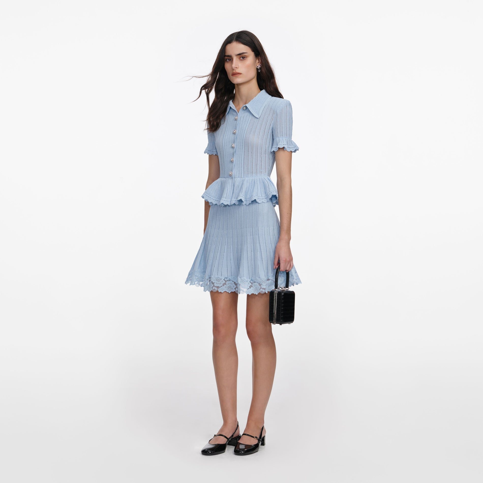 Blue Pointelle Peplum Knit Mini Dress