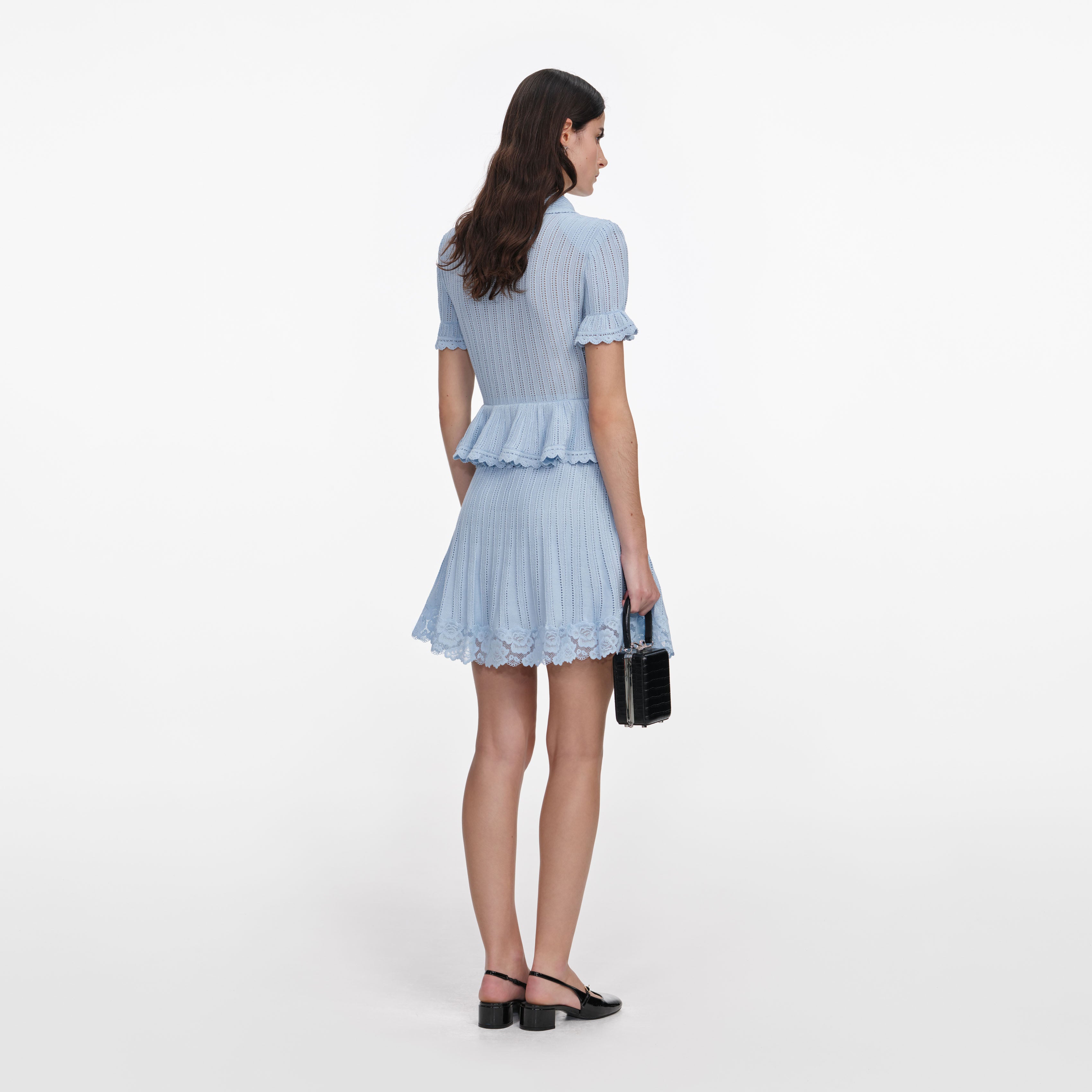 Blue Pointelle Peplum Knit Mini Dress