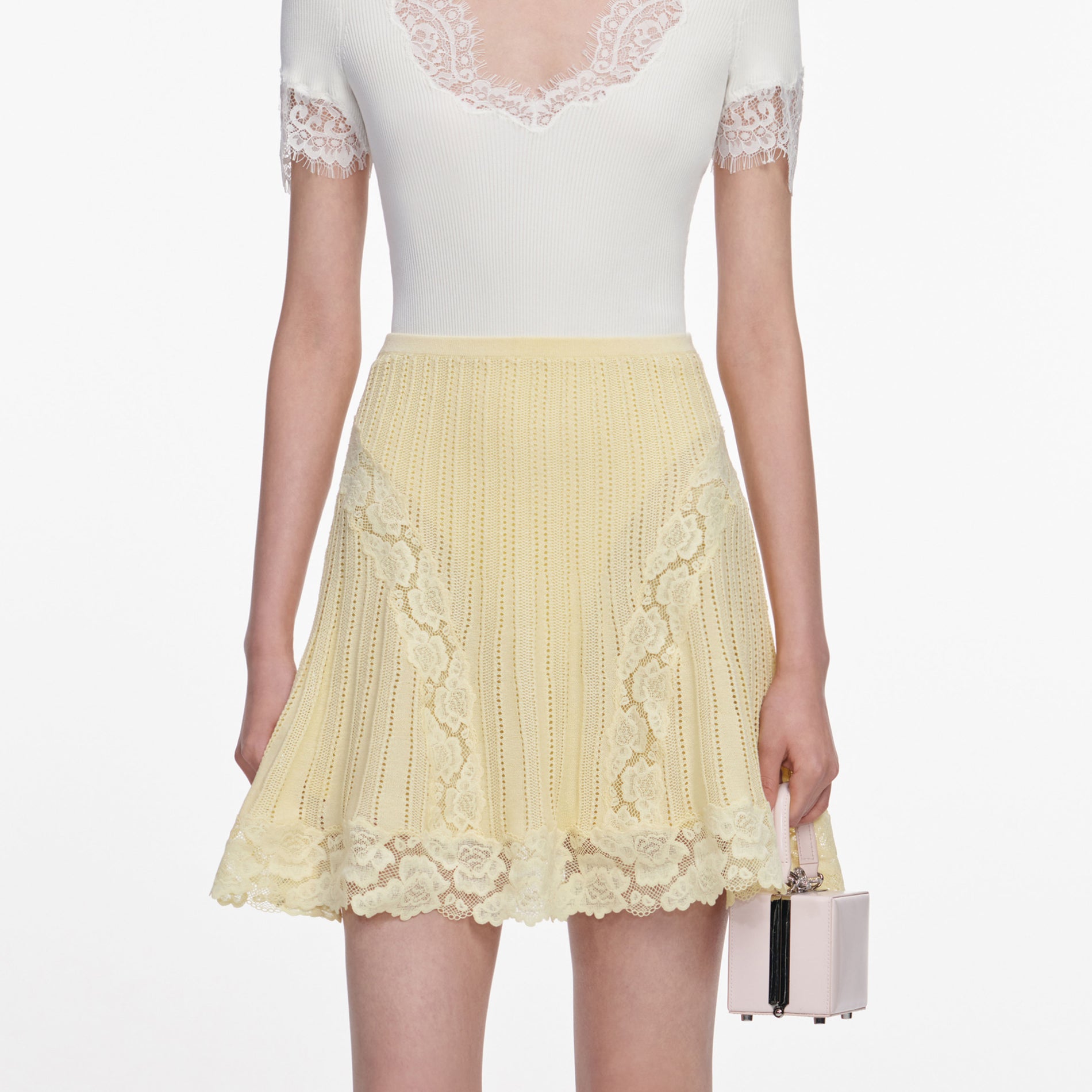 Yellow Pointelle Knit Mini Skirt