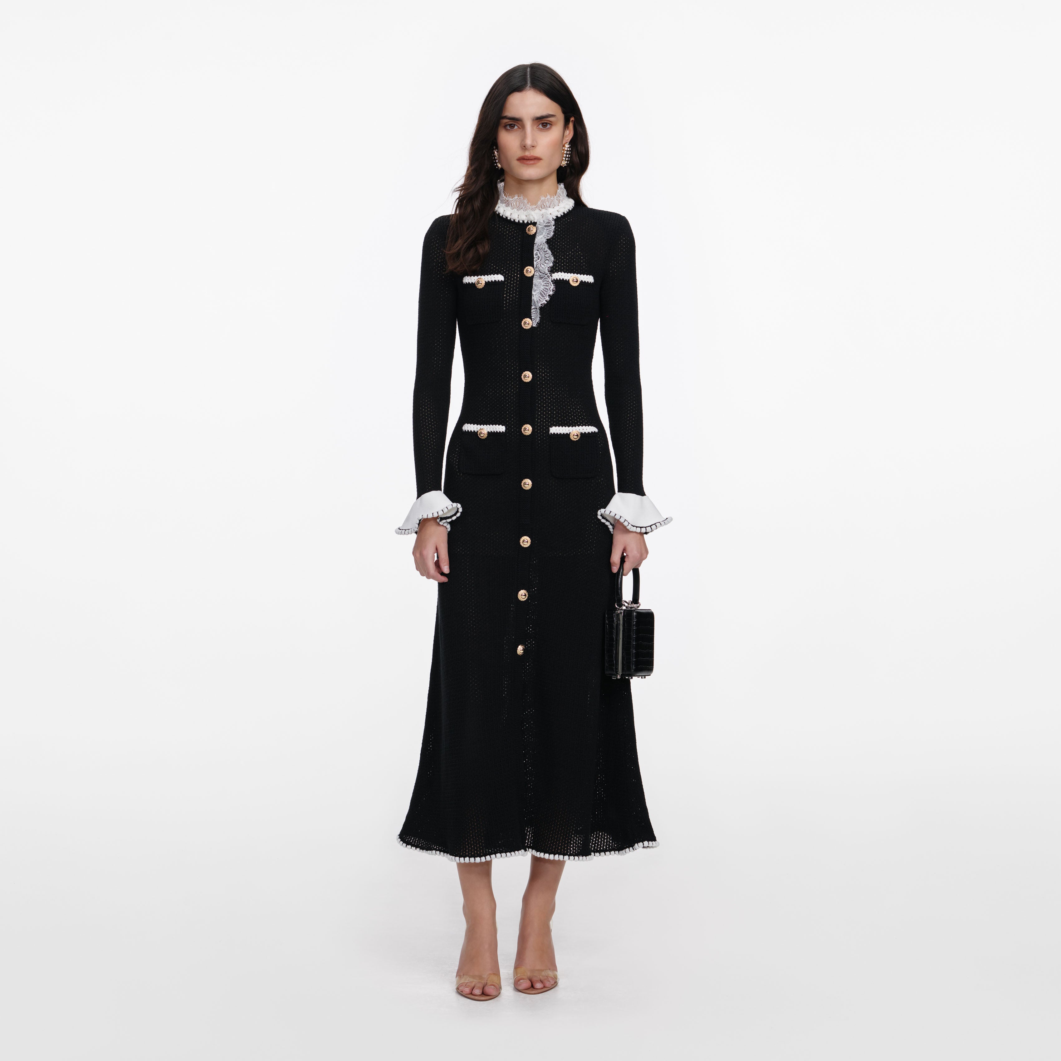 self portrait knit lace insert midi dress Black Lace Trim Knit Midi Dress – self-portrait