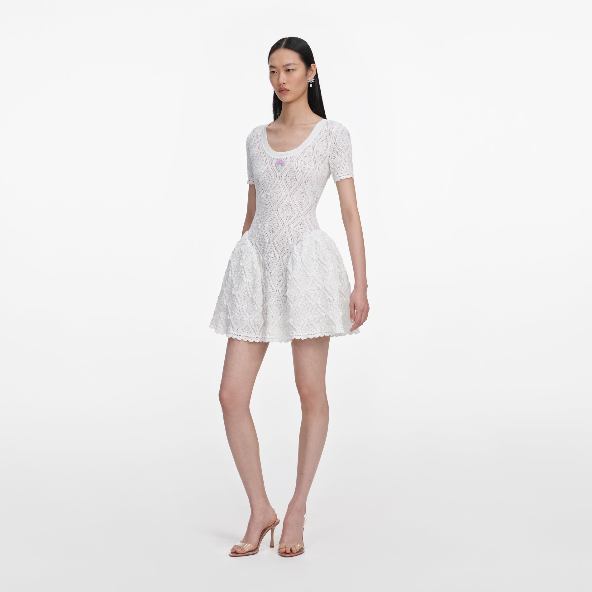 White Pointelle Knit Flared Mini Dress