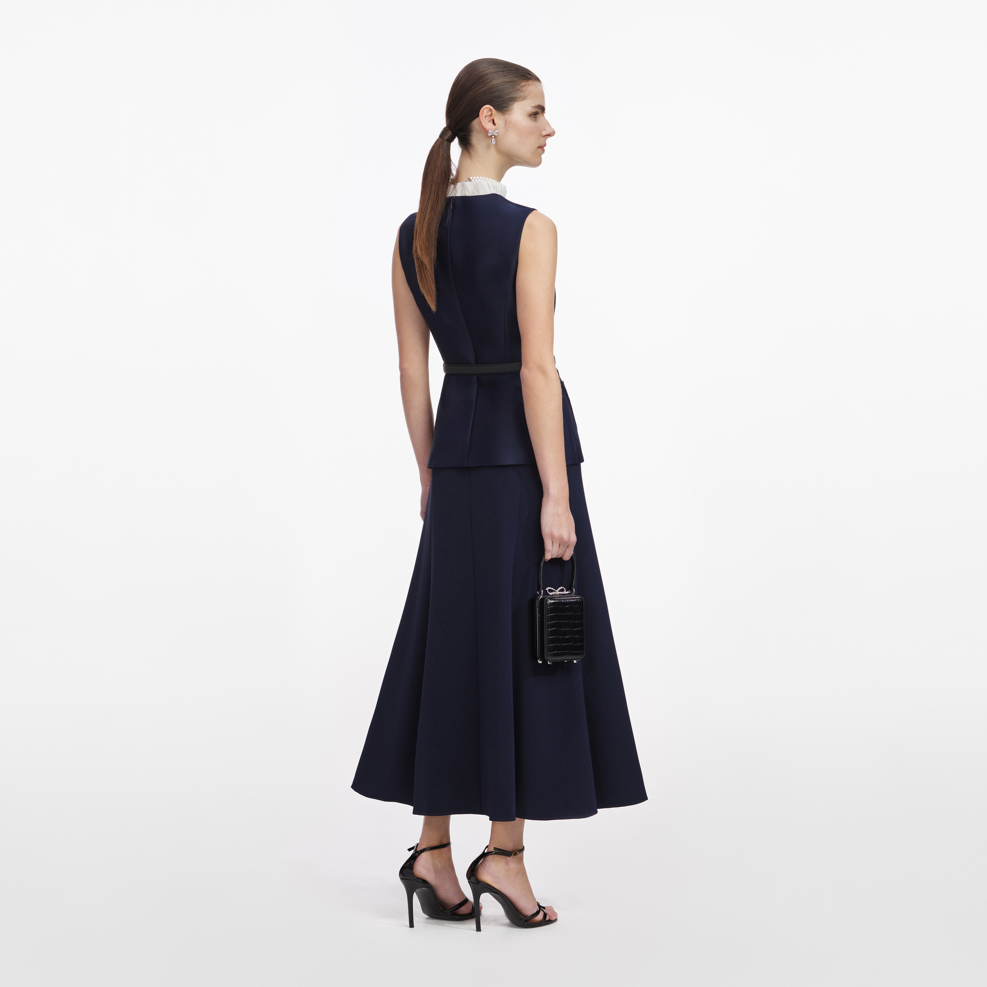 Navy Taffeta Contrast Frill Midi Dress
