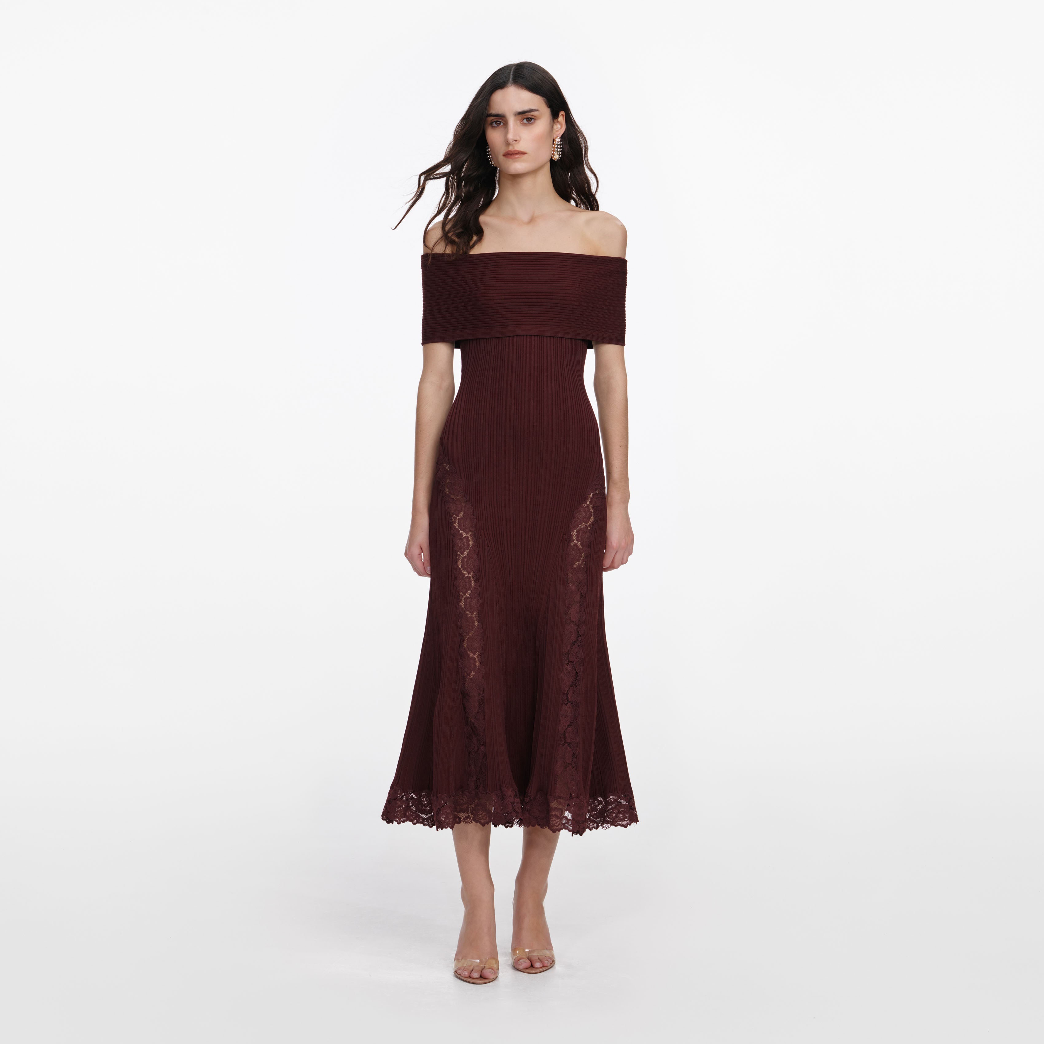 Burgundy Knit Lace Insert Midi Dress  self-portrait