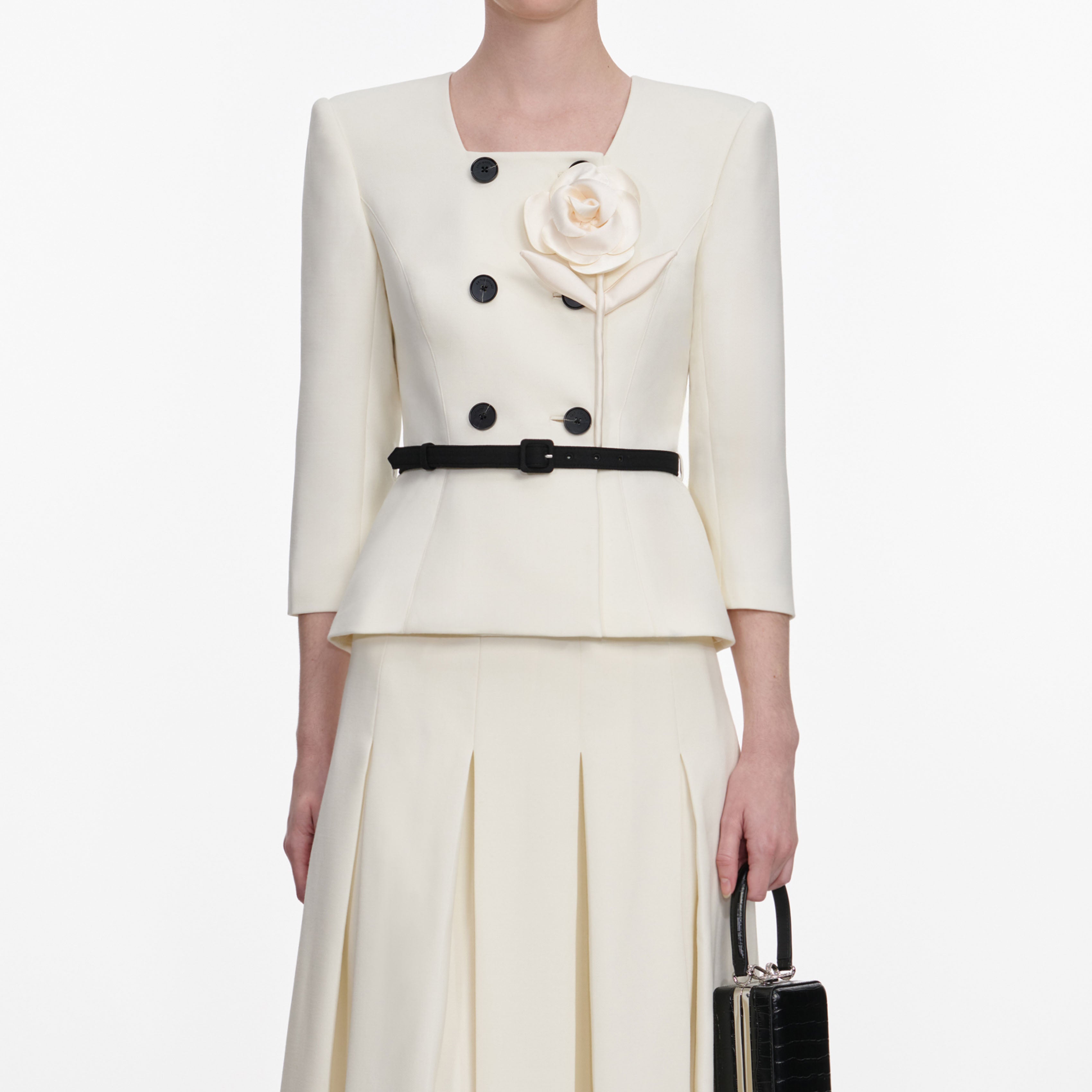 Cream 3D Flower Tailored Midi Dress