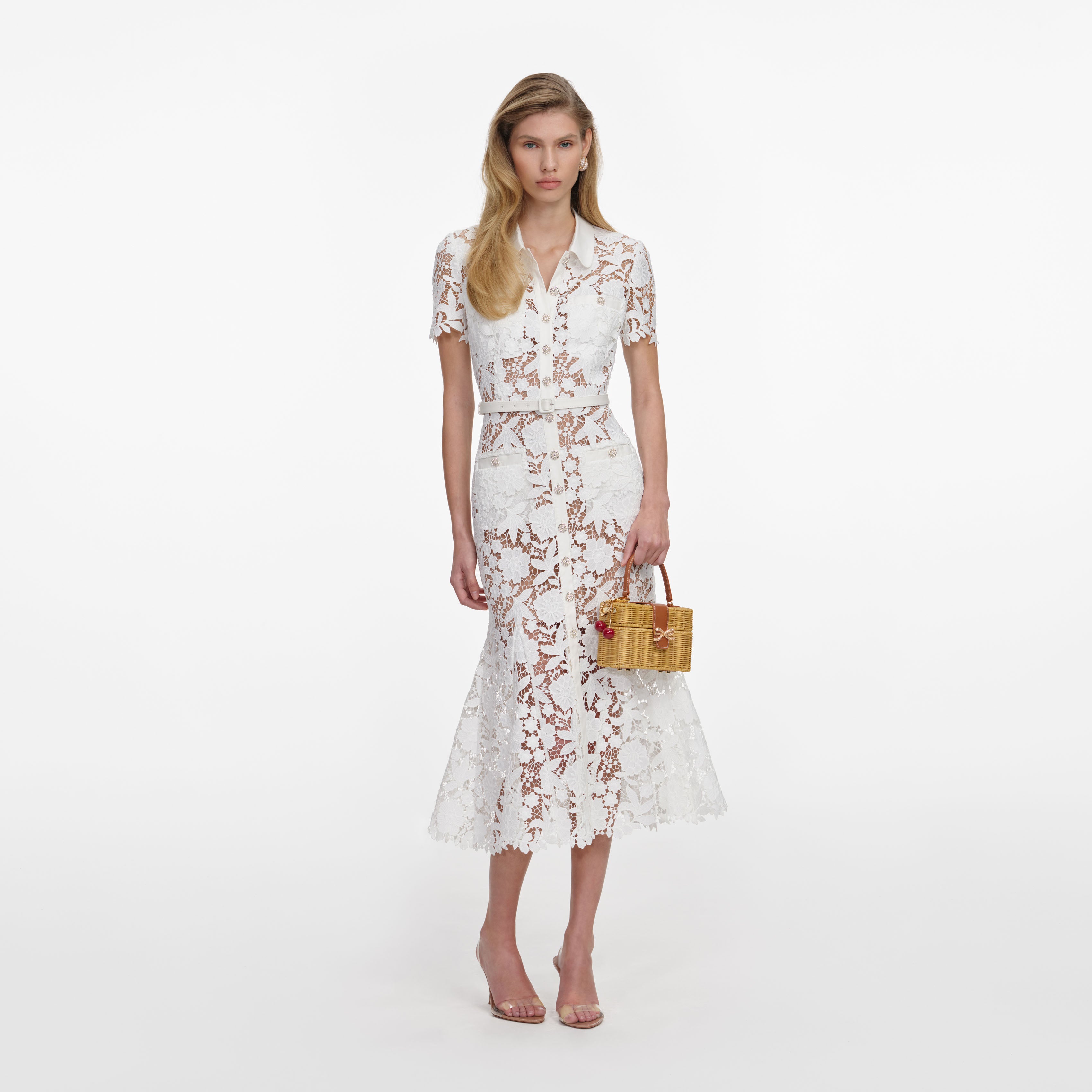 White Lace Collared Midi Dress  self-portrait