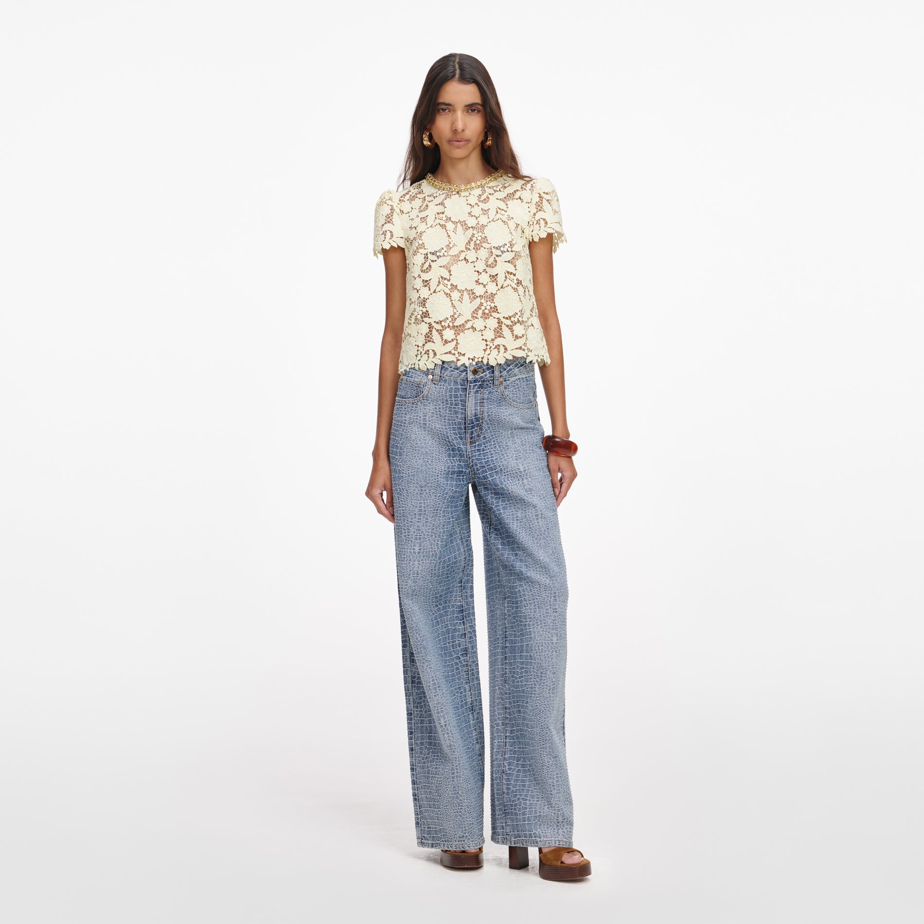 Front view of a woman wearing the Yellow Lace Top