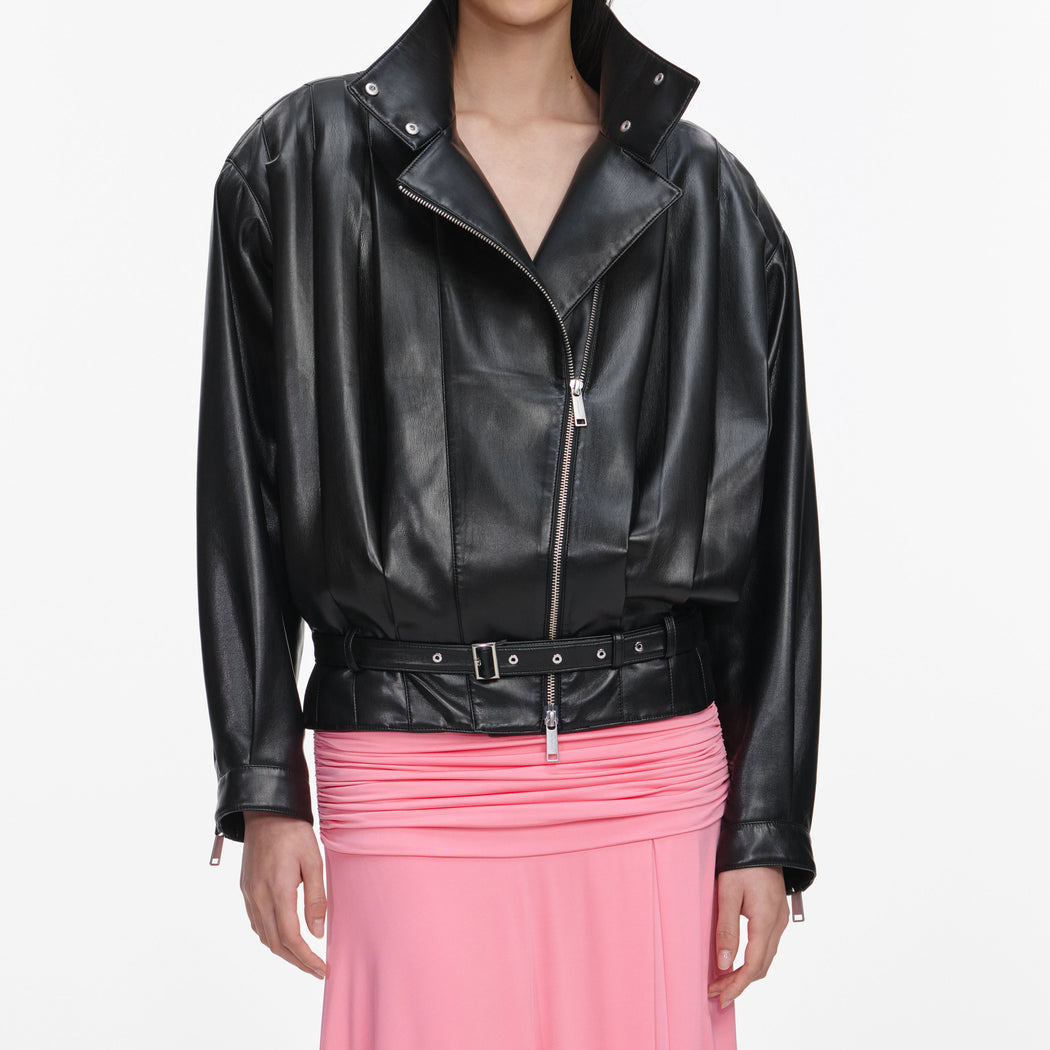 Side view of a woman wearing the Black Faux Leather Biker Jacket