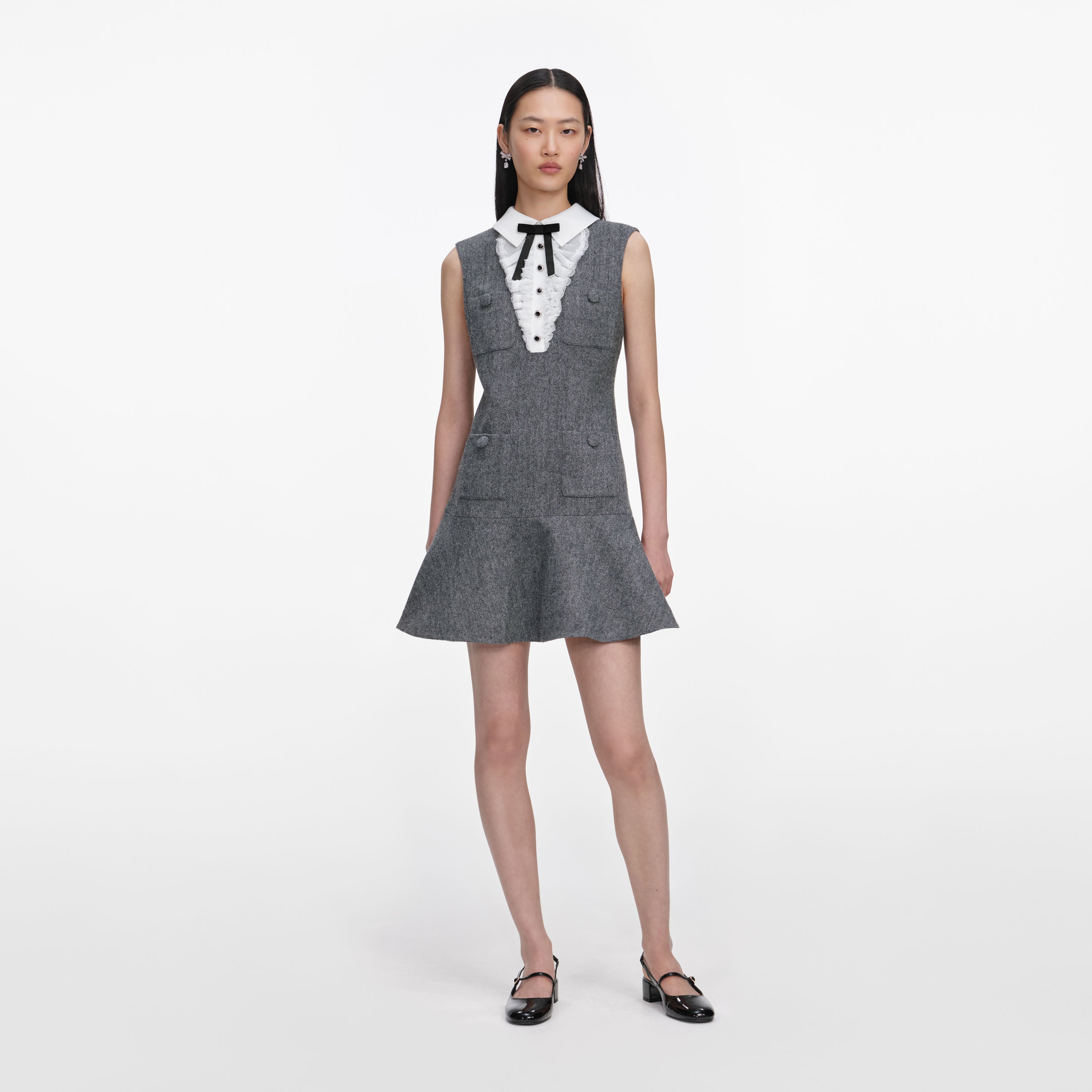 Grey Herringbone Lace Bib Mini Dress – self-portrait