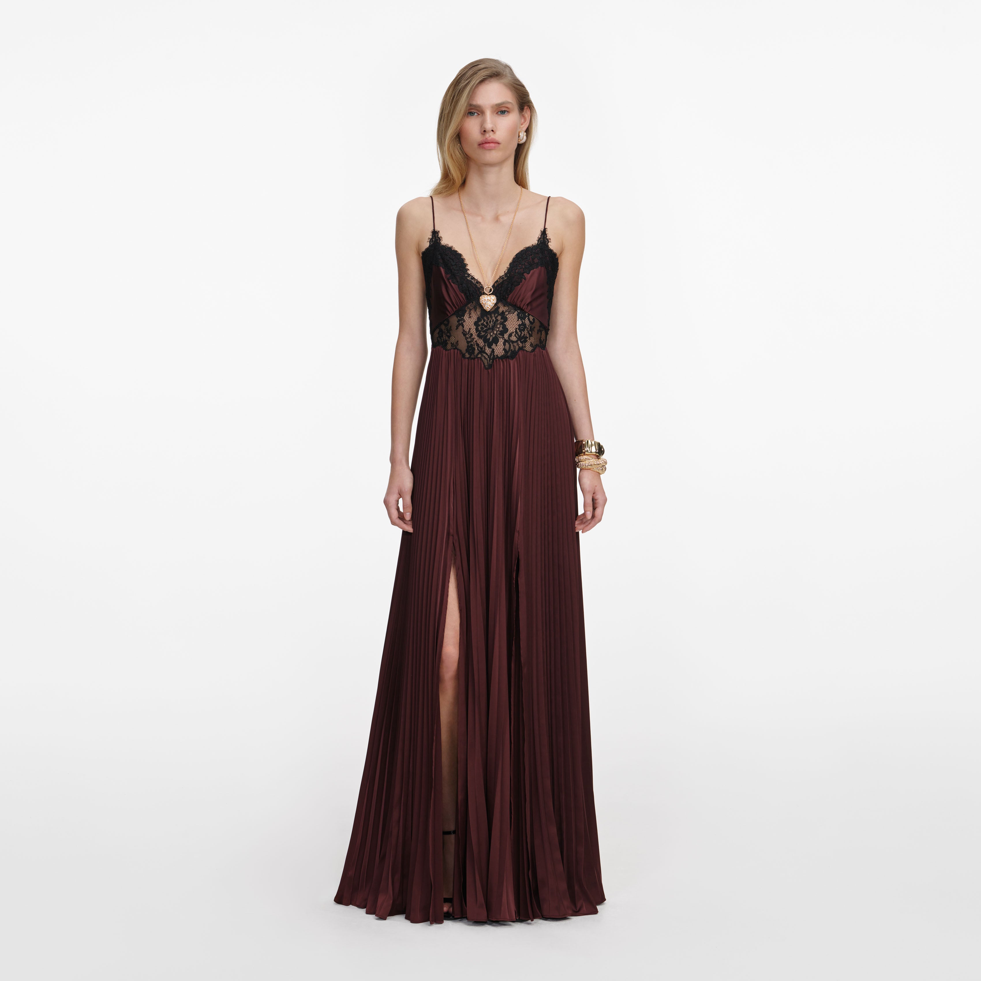 Brown Satin Lace Insert Maxi Dress – self-portrait