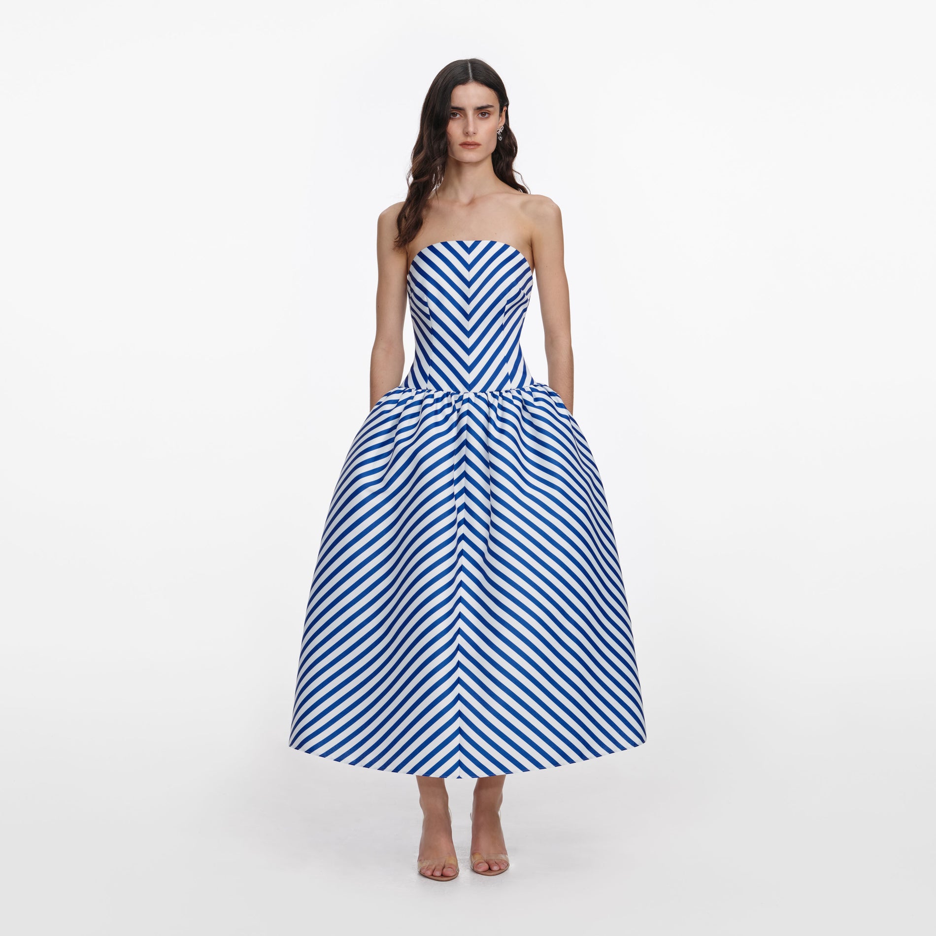 Navy Stripe Taffeta Midi Dress