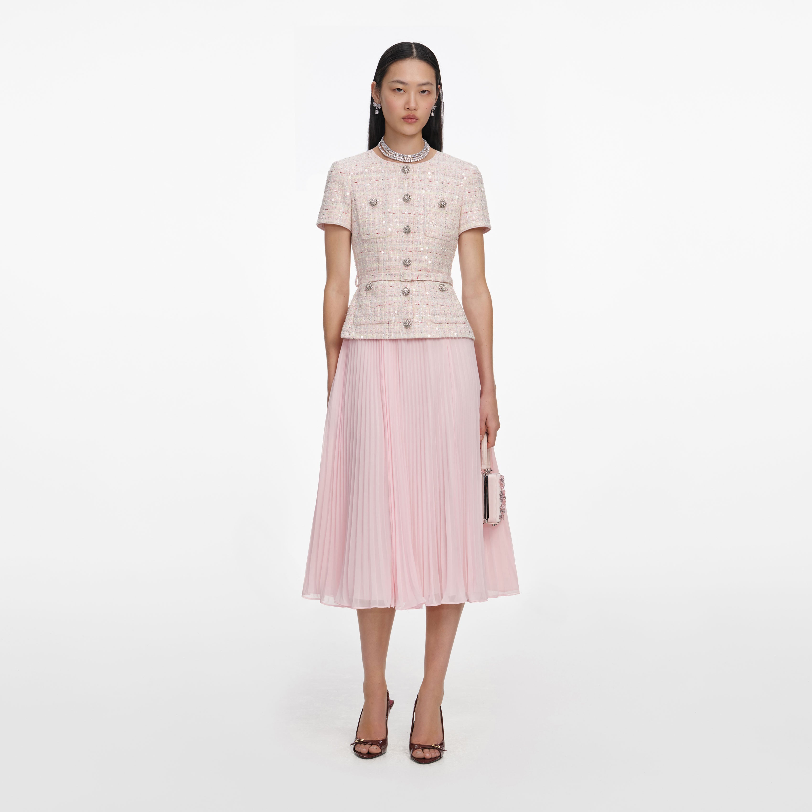 Pink Sequin Boucle Tailored Midi Dress – self-portrait