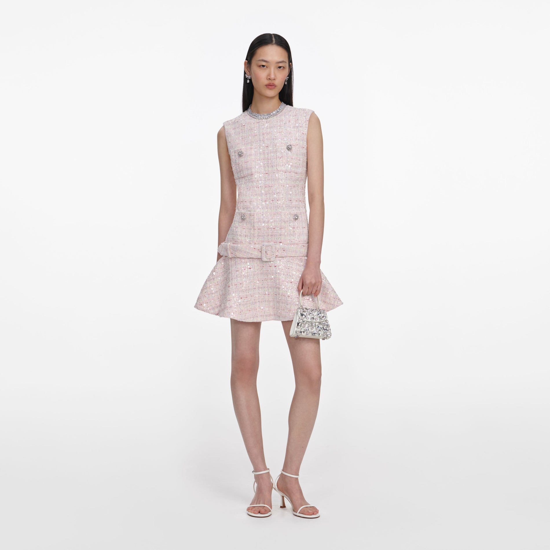 Front view of a woman wearing the Pink Sequin Boucle Belted Mini Dress