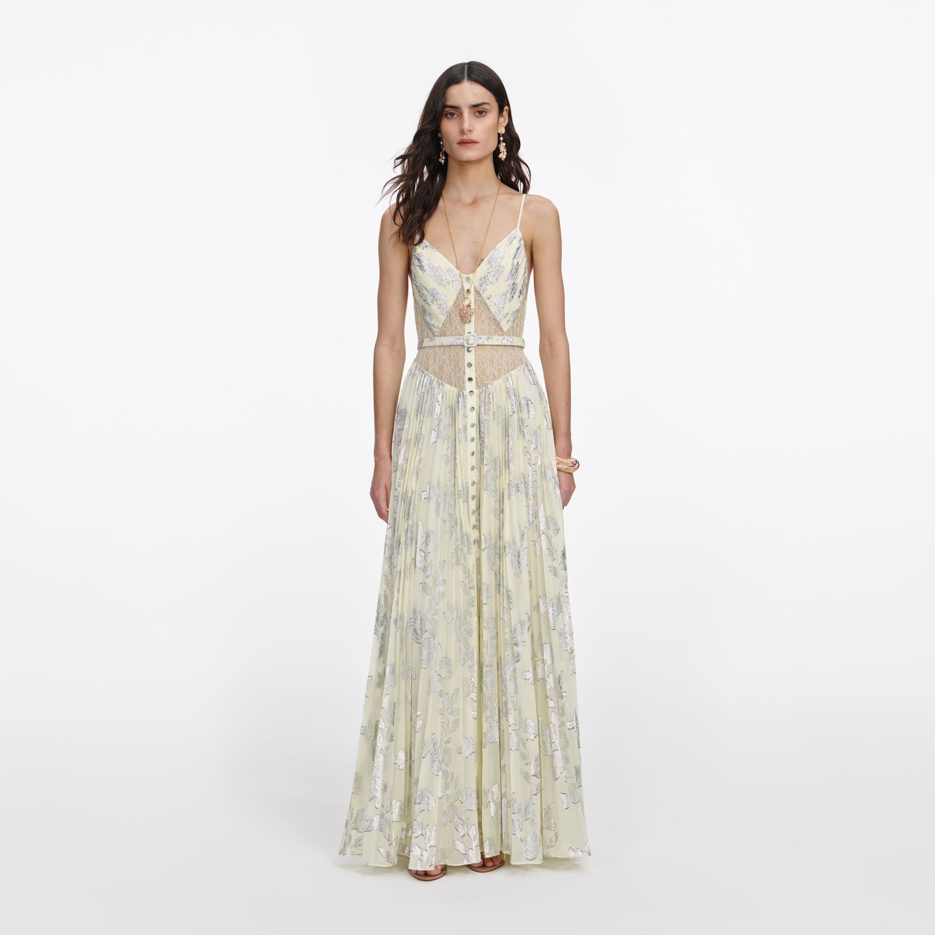Yellow Metallic Chiffon Maxi Dress