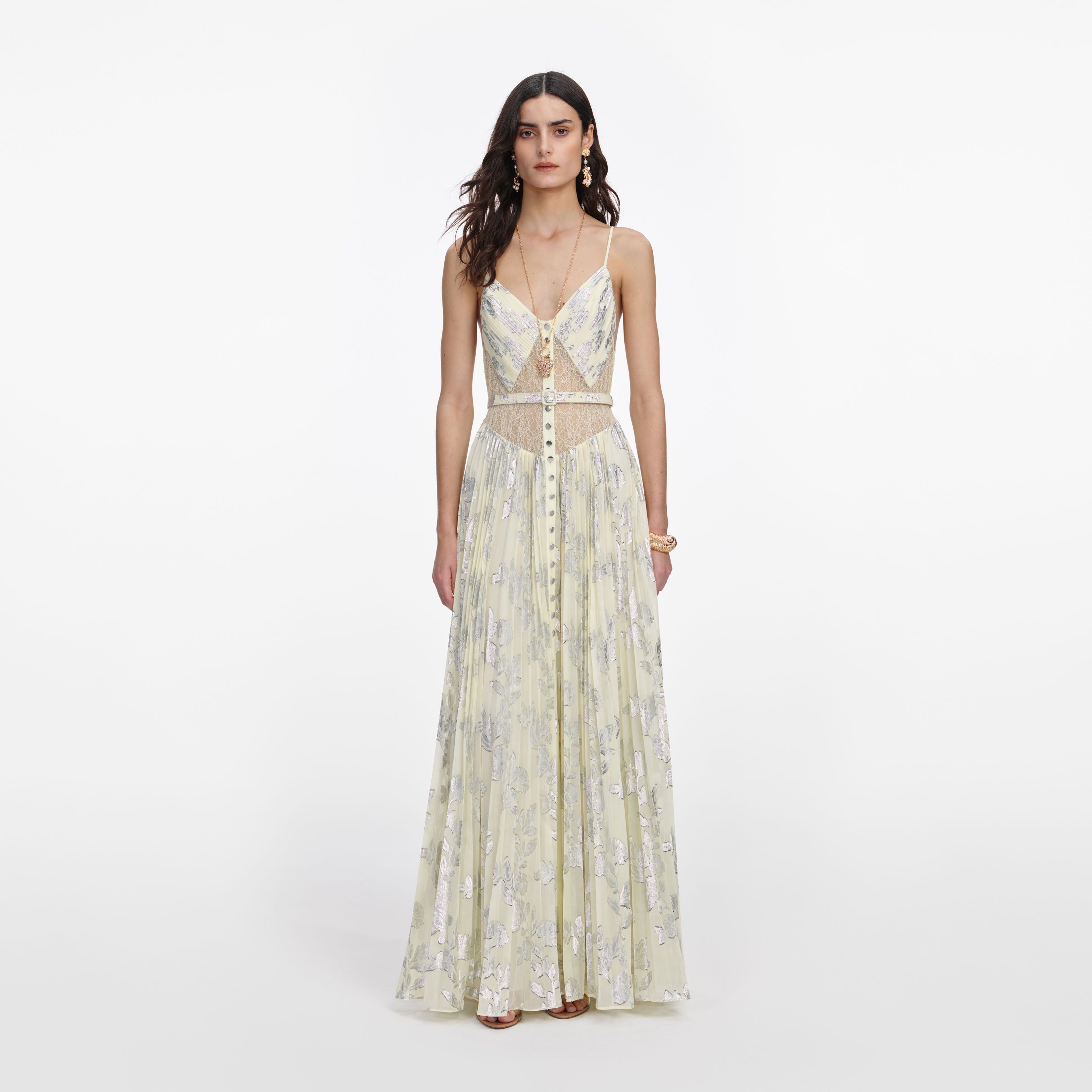 Yellow Metallic Chiffon Maxi Dress