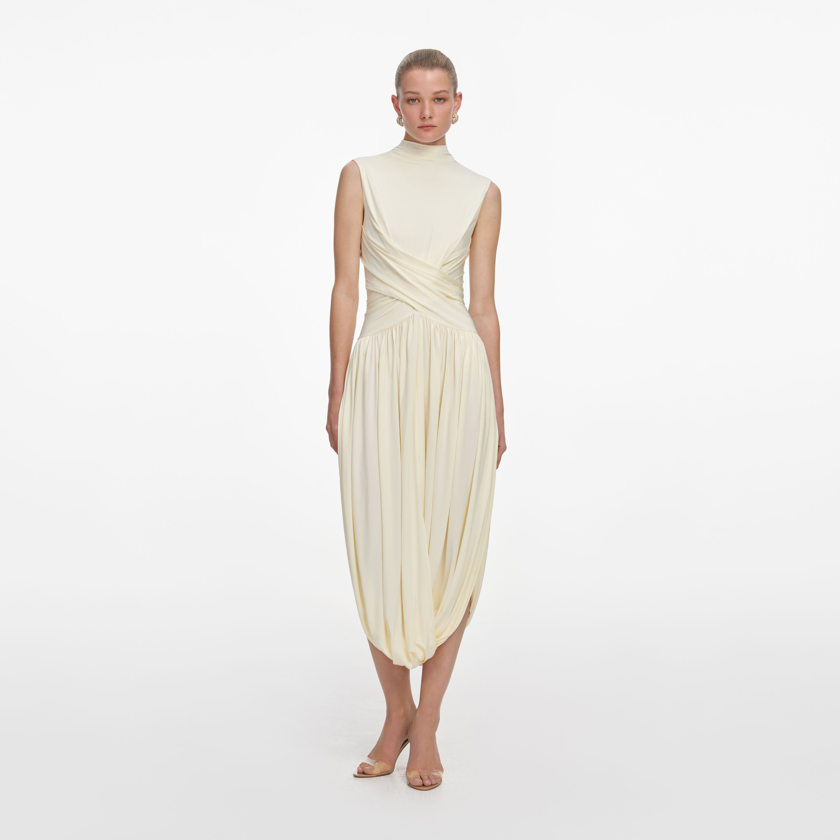 jersey wrap midi dress Yellow Jersey Wrap Midi Dress – self-portrait