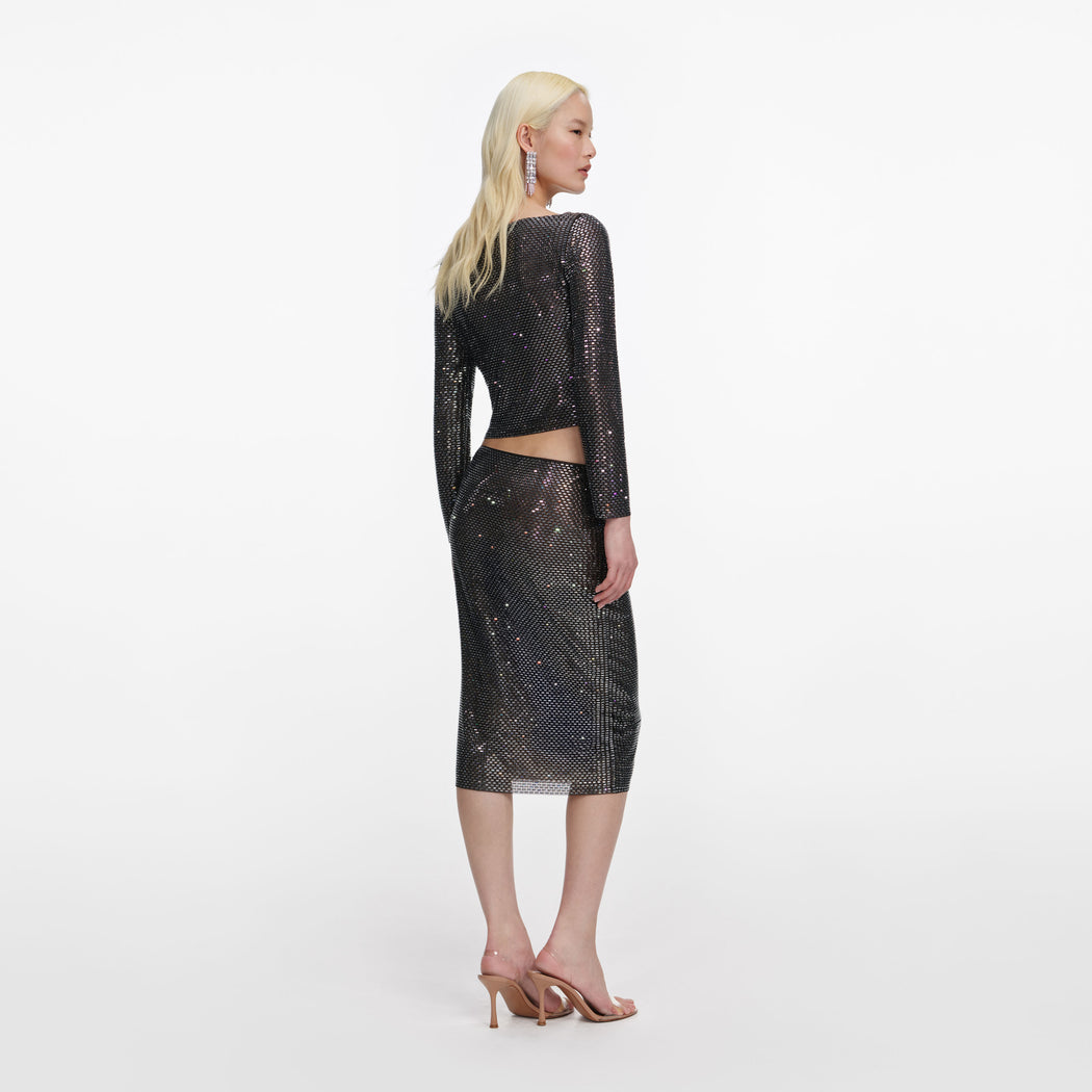 Back view of a woman wearing the Gunmetal Rhinestone Top