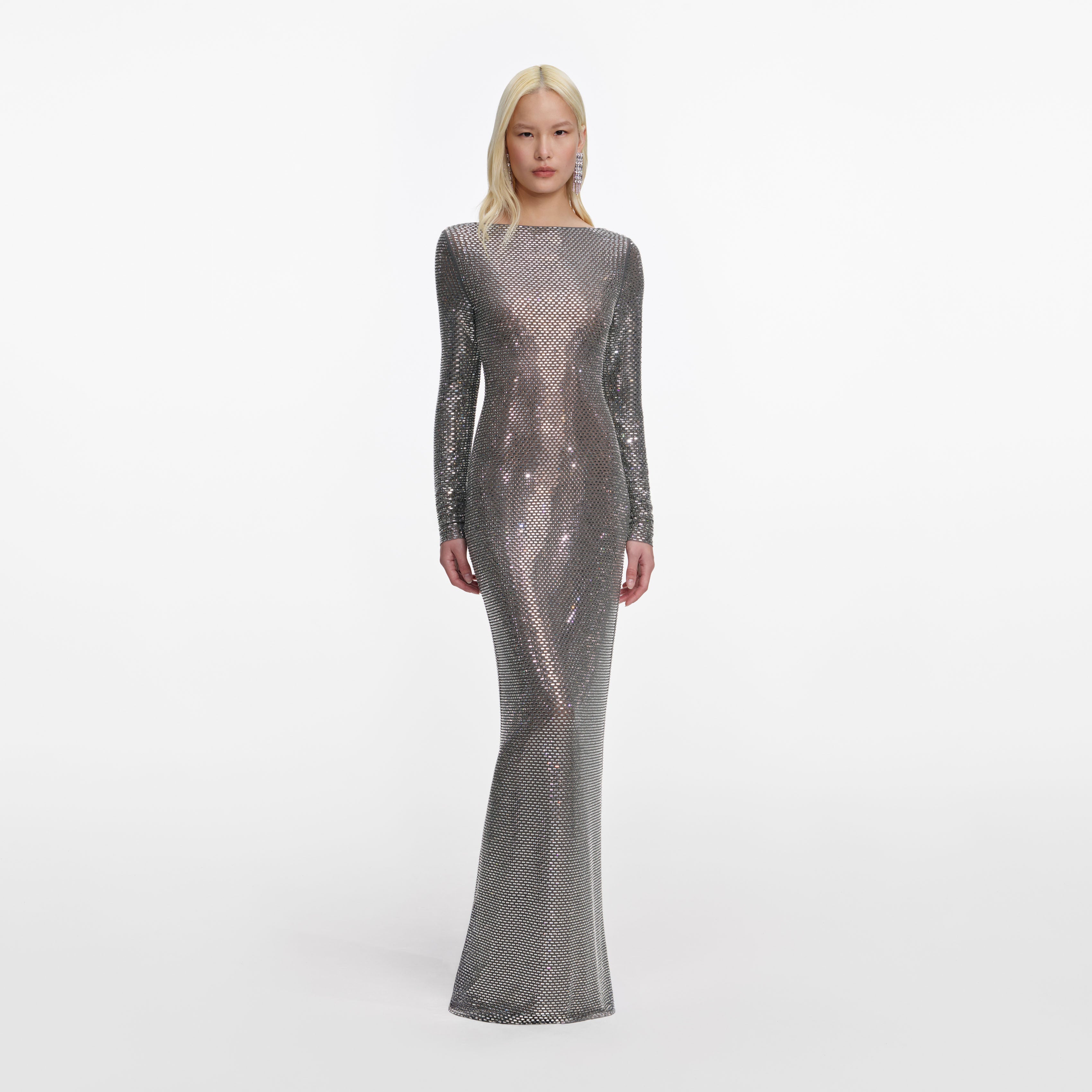 Grey Rhinestone Long Sleeve Maxi Dress self-portrait Grey Rhinestone Long Sleeve Maxi Dress self-portrait