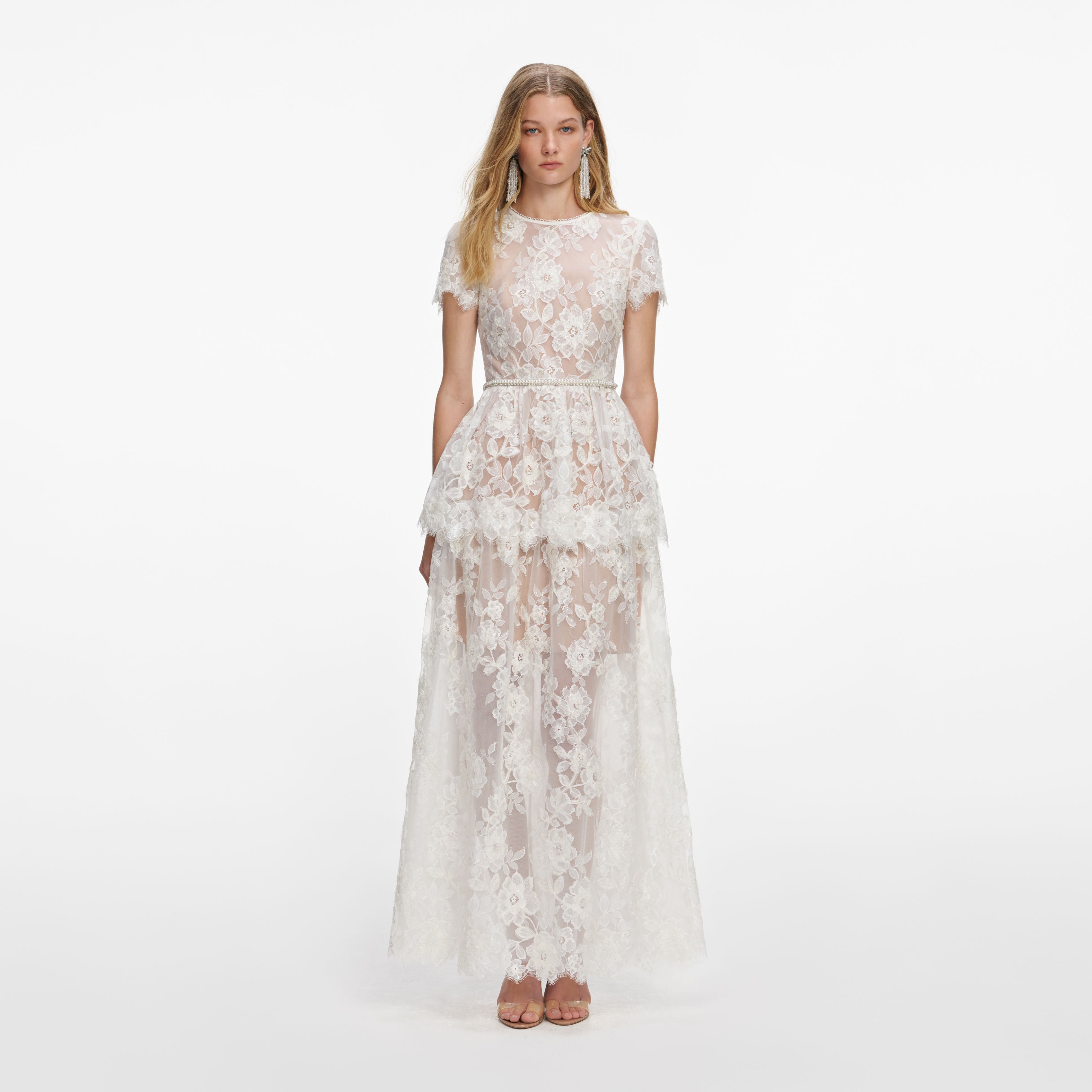 White Sequin Lace Tiered Maxi Dress – self-portrait