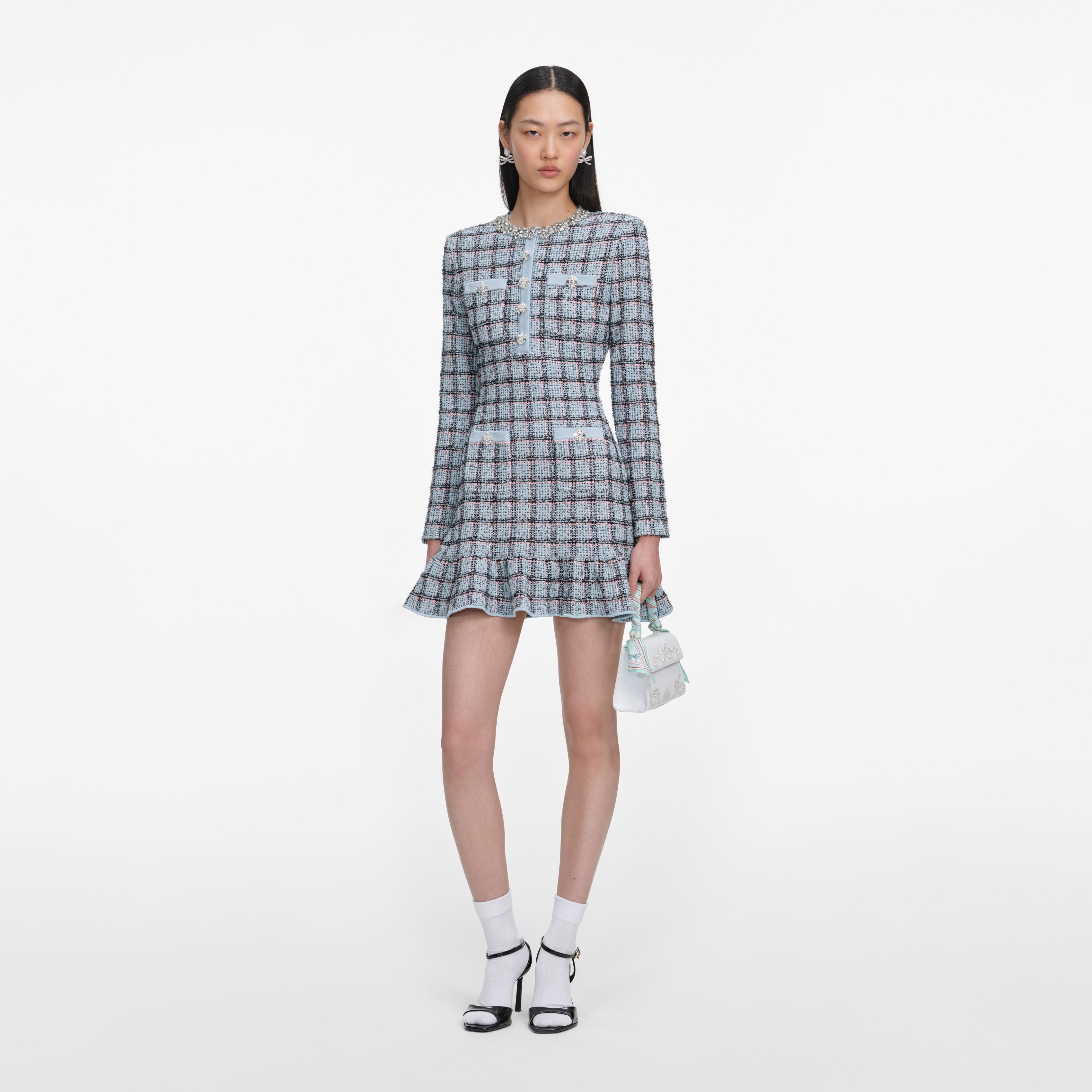 self portrait blue lurex knitted mini dress Blue Check Knit Mini Dress – self-portrait