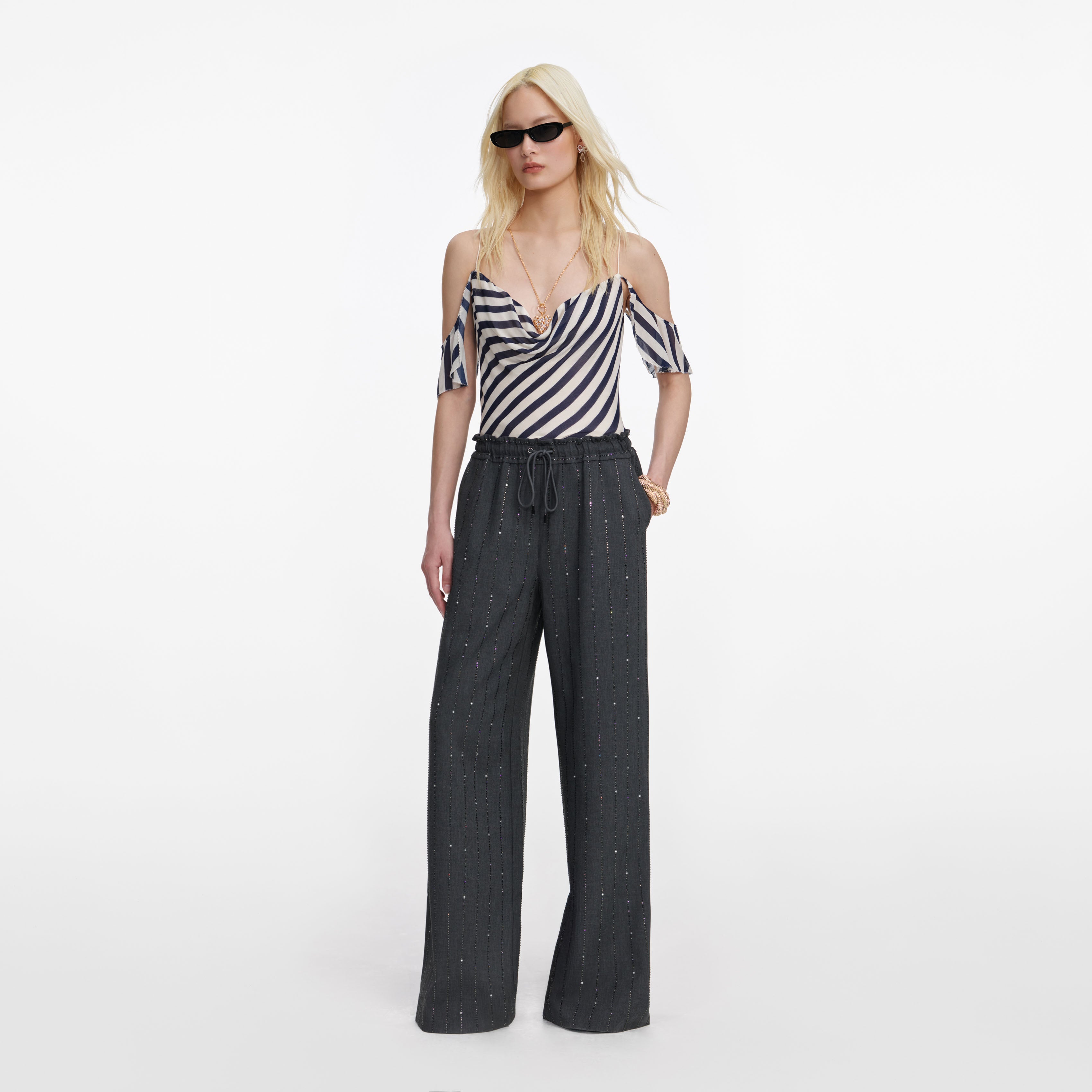 Grey Rhinestone Pinstripe Trousers
