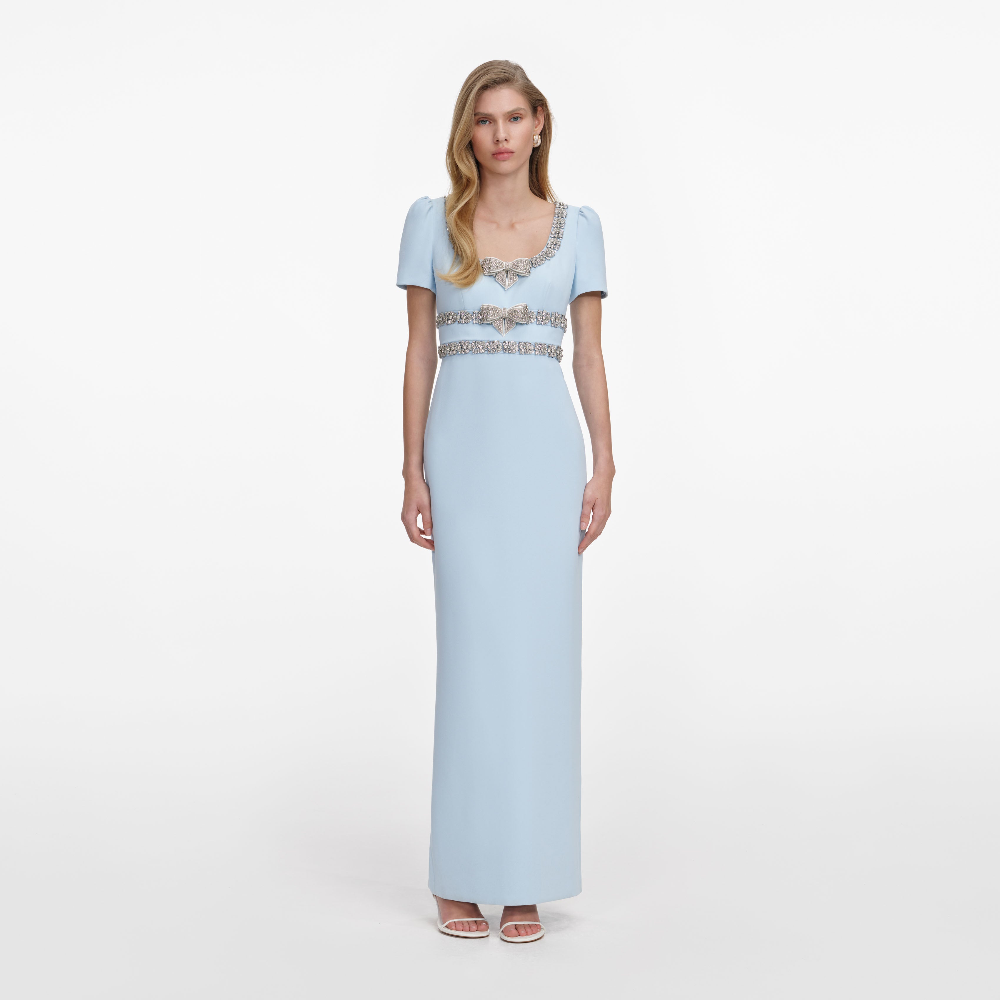 Blue Crepe Embellished Bow Maxi Dress – self-portrait