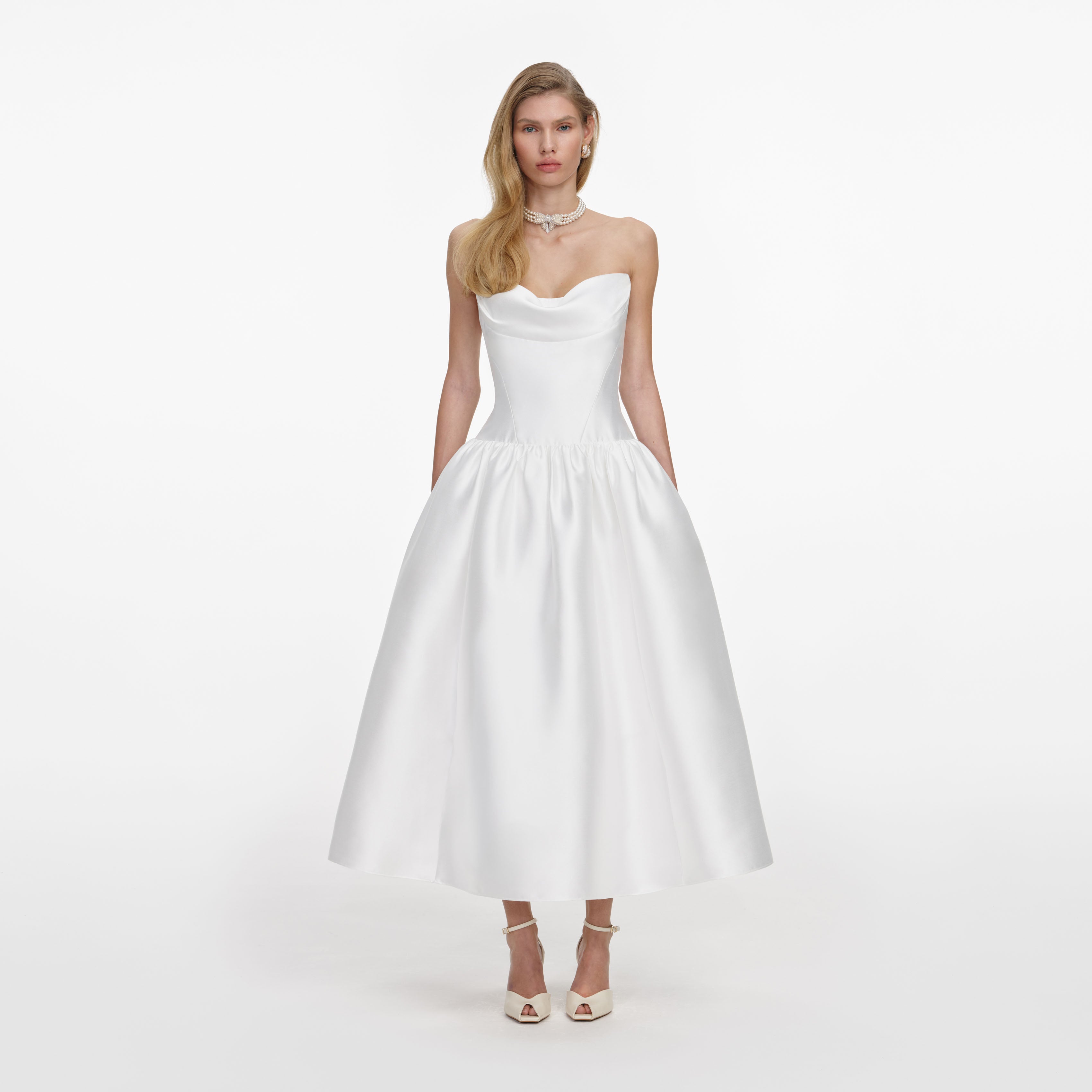 White Taffeta Strapless Midi Dress  self-portrait