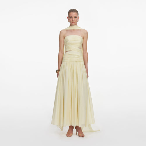 Front view of a woman wearing the Yellow Georgette Scarf Midi Dress