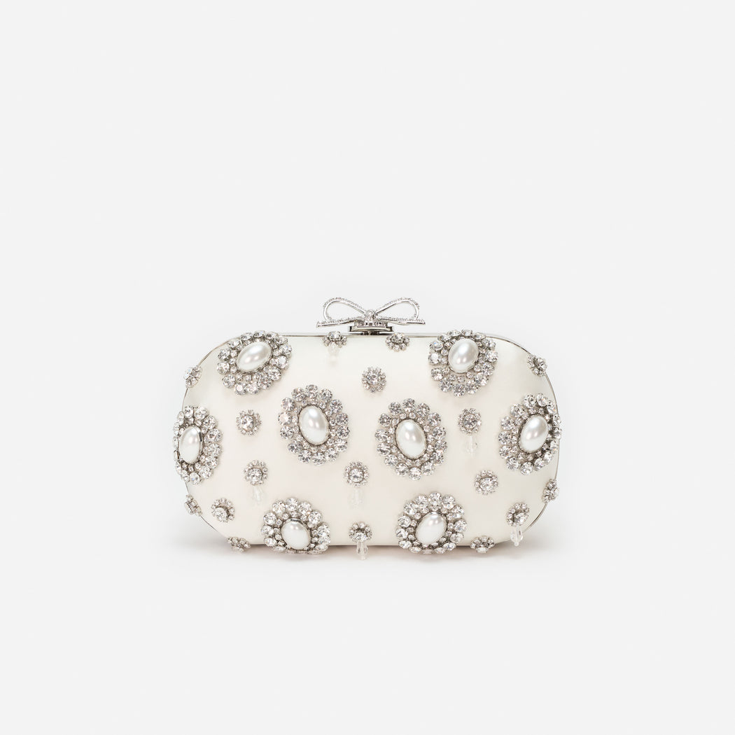 Cream Satin Multi Crystal Clutch Bag