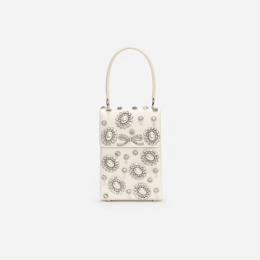 Cream Satin Crystal Mini Bow Bag