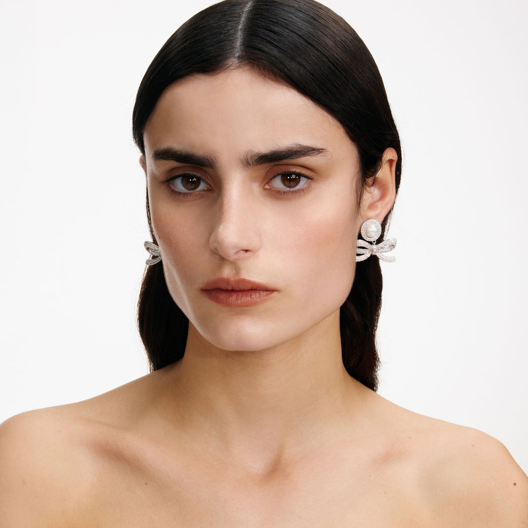Silver Pearl Bow Drop Earrings