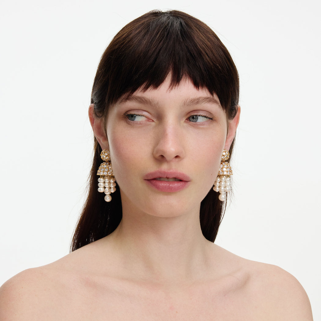 Gold Crystal Cluster Pearl Drop Earrings