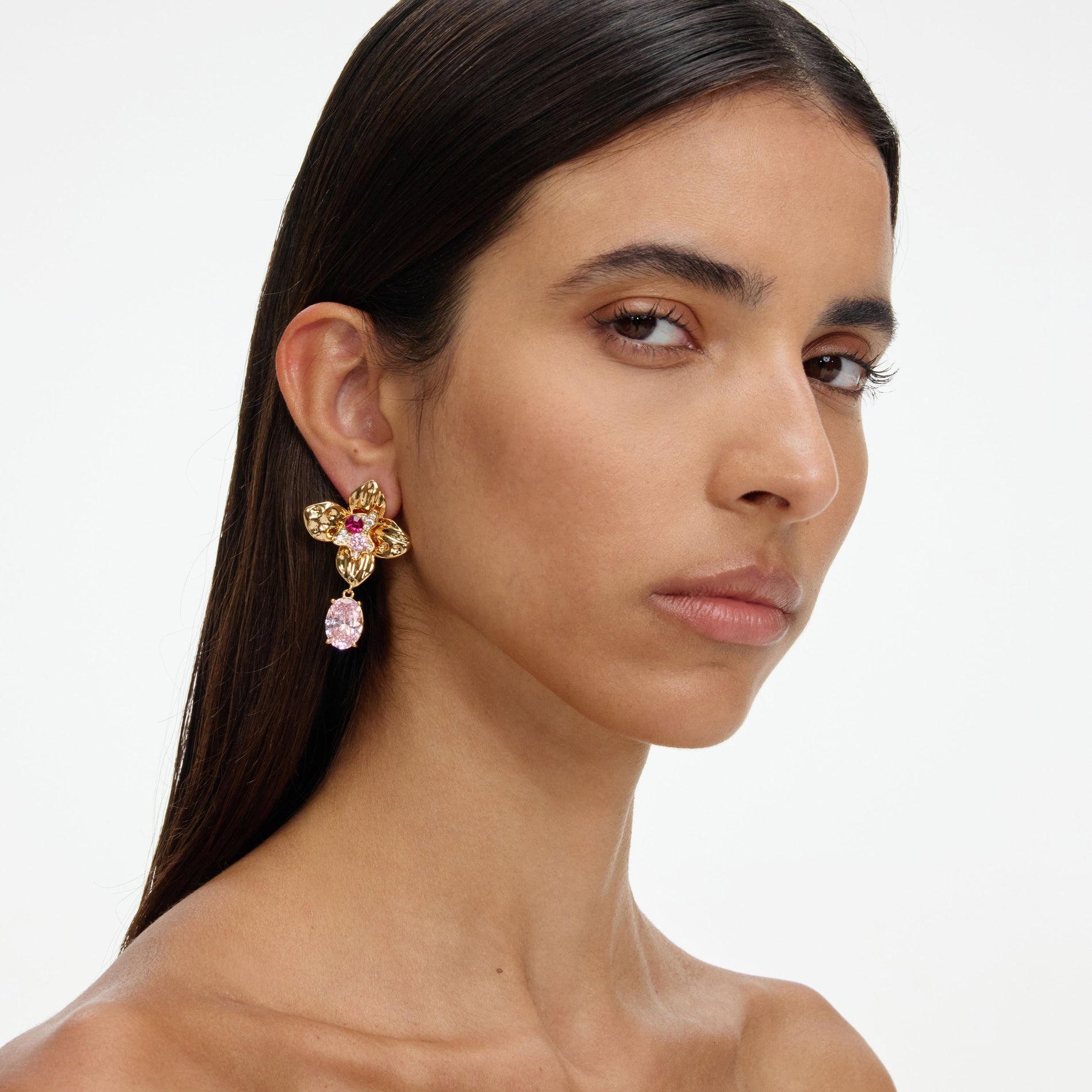 Gold Crystal Embellished Flower Earrings