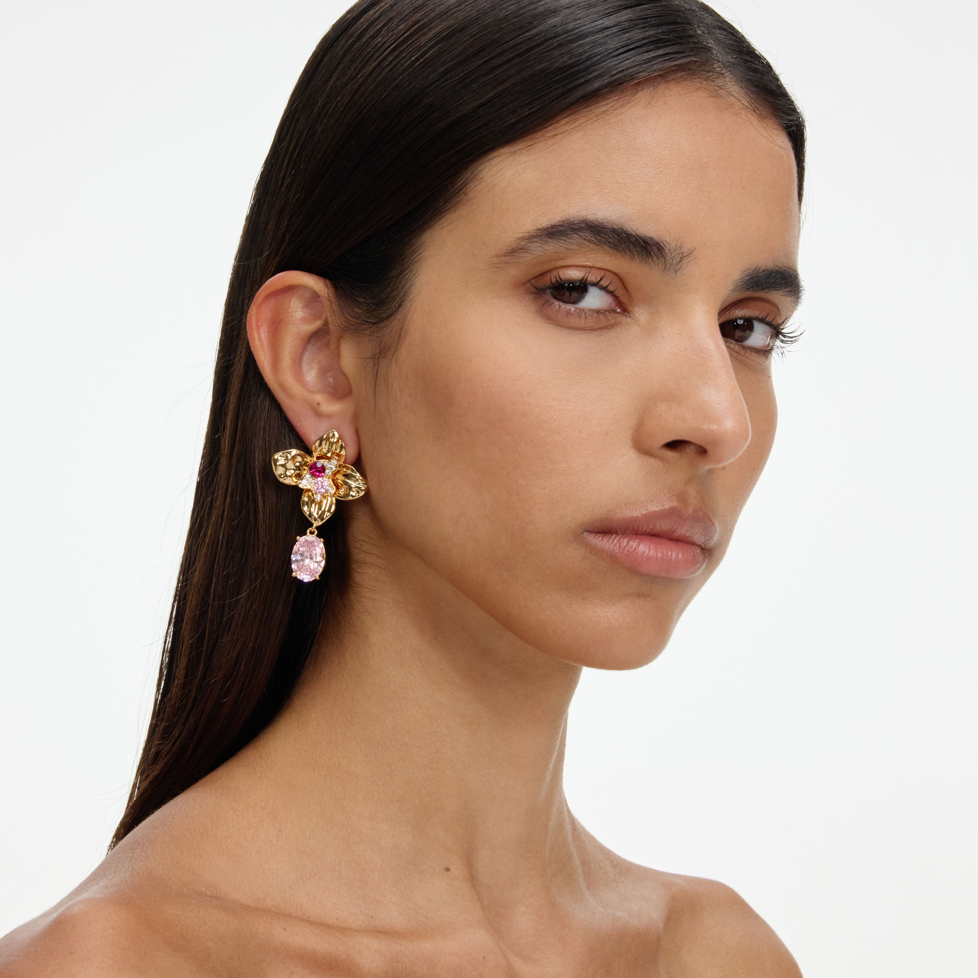 Gold Crystal Embellished Flower Earrings