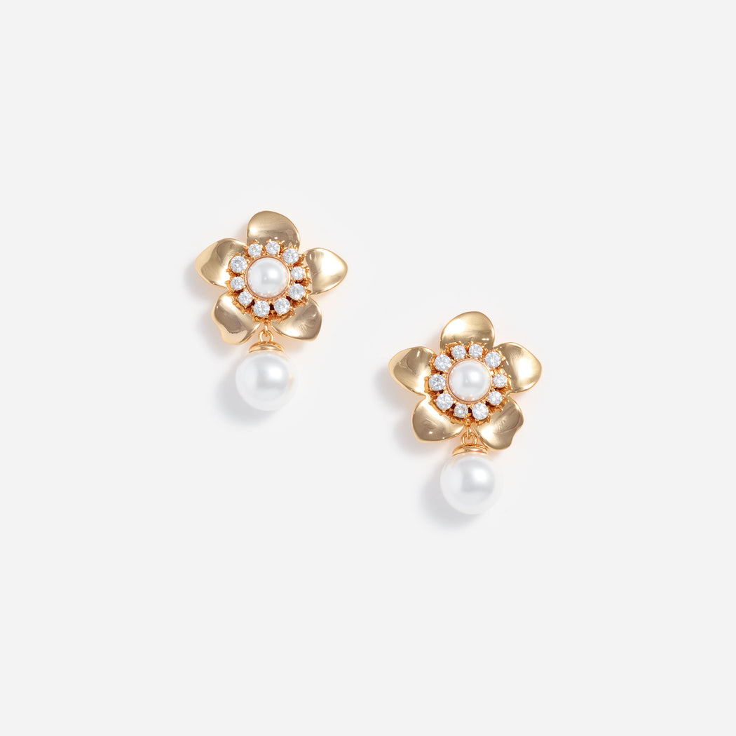 Gold Flower Pearl Earrings
